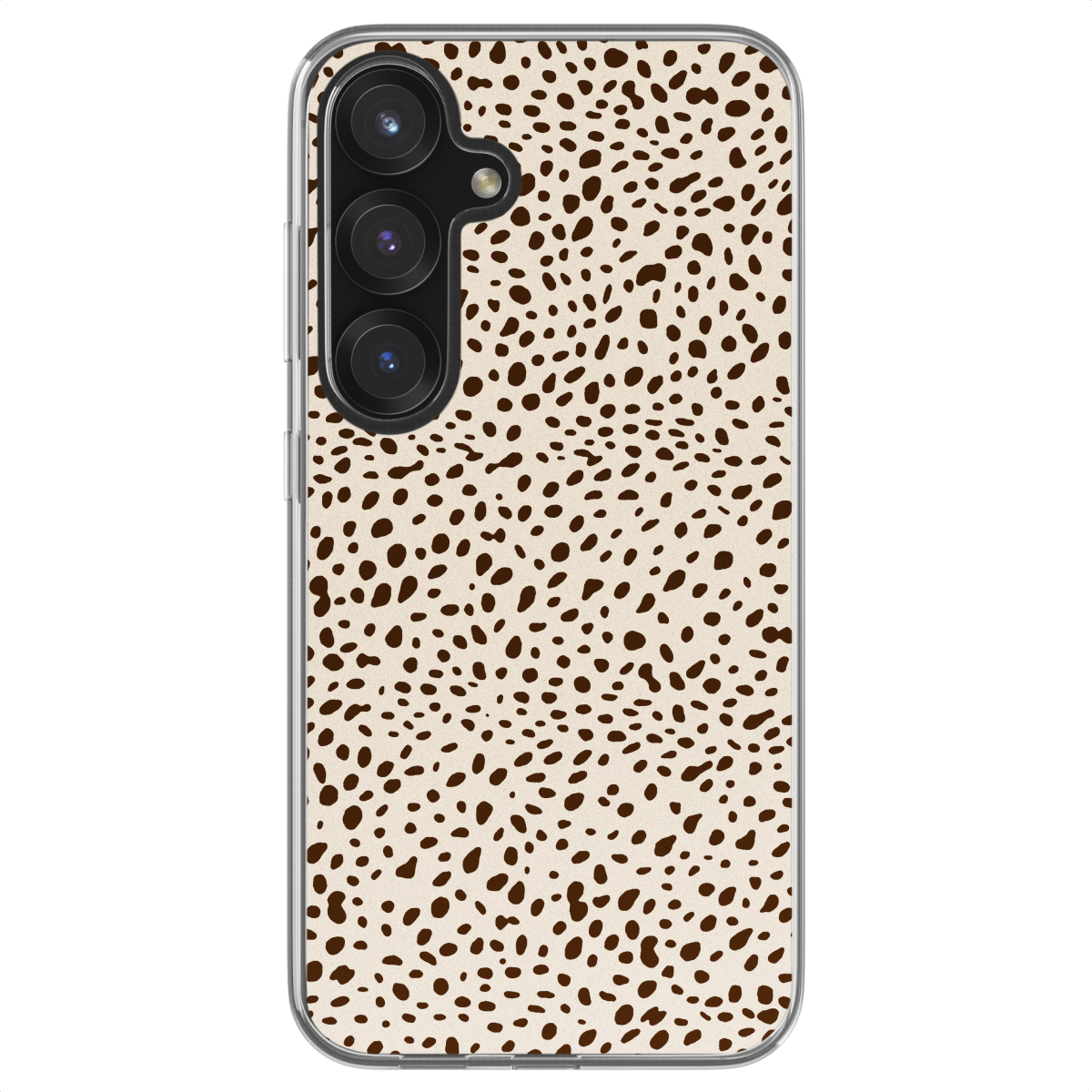 Een telefoonhoesje met een beige achtergrond en bruine vlekken.