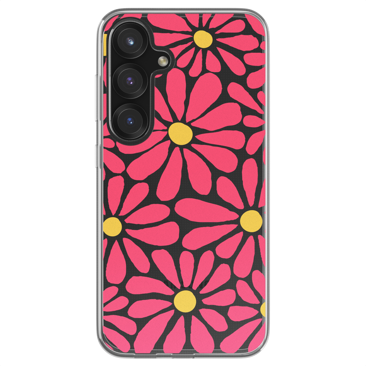 Telefoonhoesje met roze bloemen op zwarte achtergrond. Gele centers.
