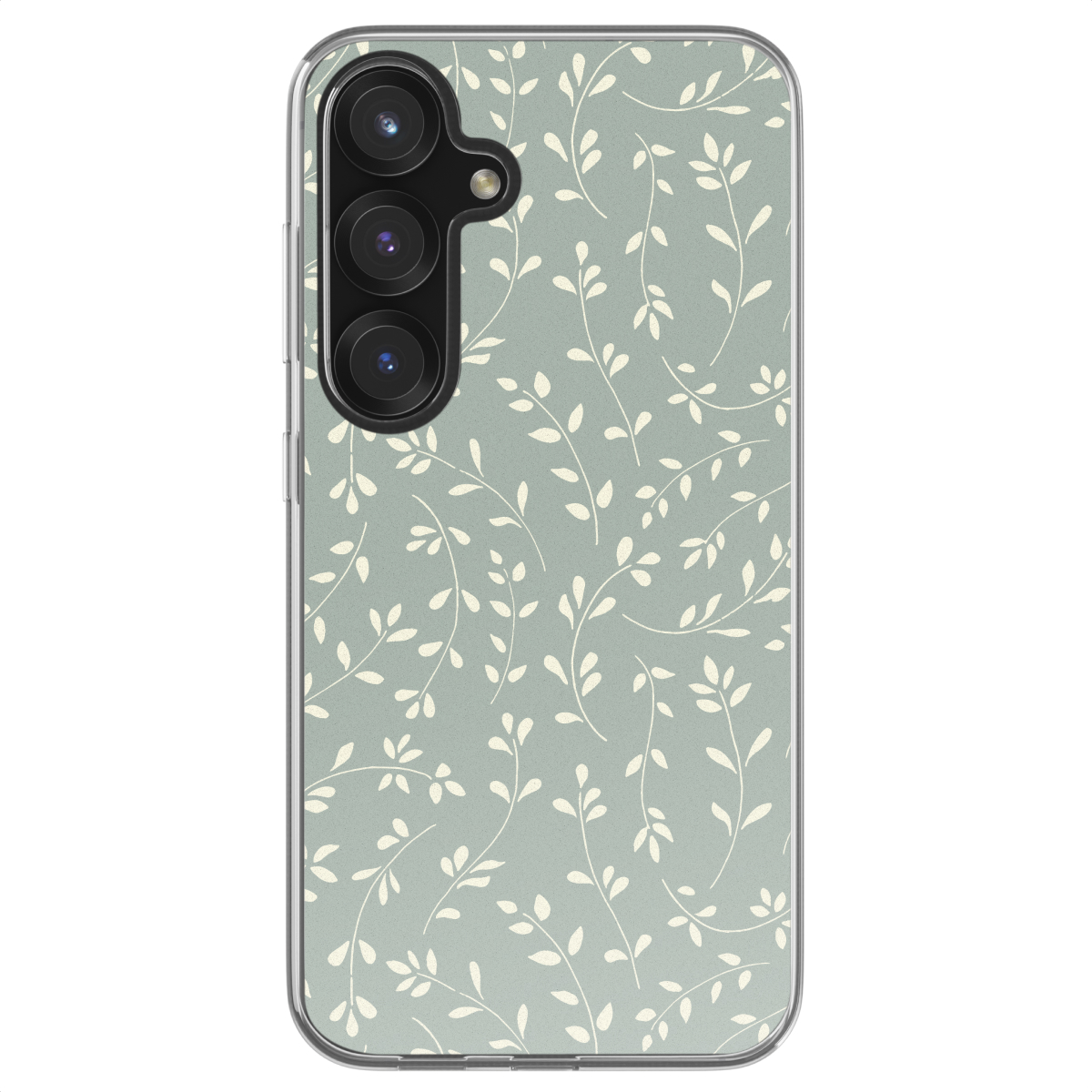 Une coque de téléphone avec un fond vert clair et un motif répété de motifs de feuilles blanches.