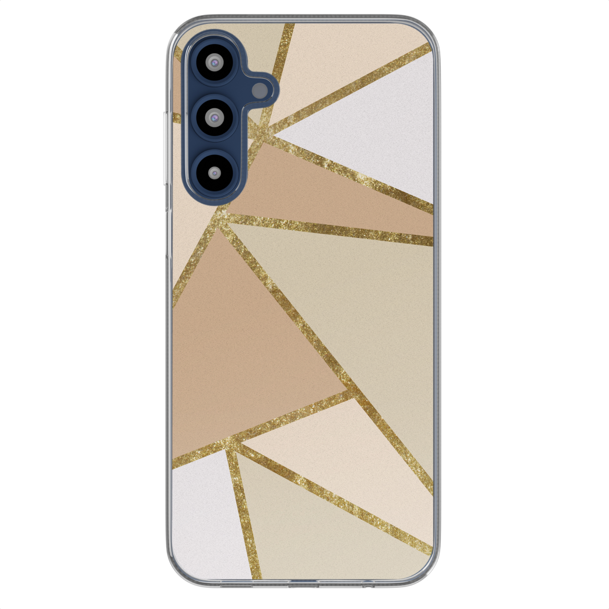 Telefoonhoesje: beige, bruin en wit geometrisch design met gouden lijnen. Telefoon is zichtbaar.