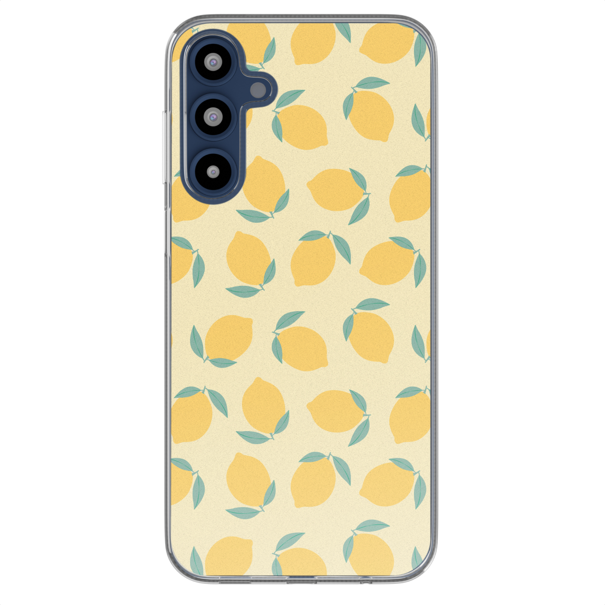 Telefoonhoesje met gele citroenen op een lichtgele achtergrond en groene bladeren.