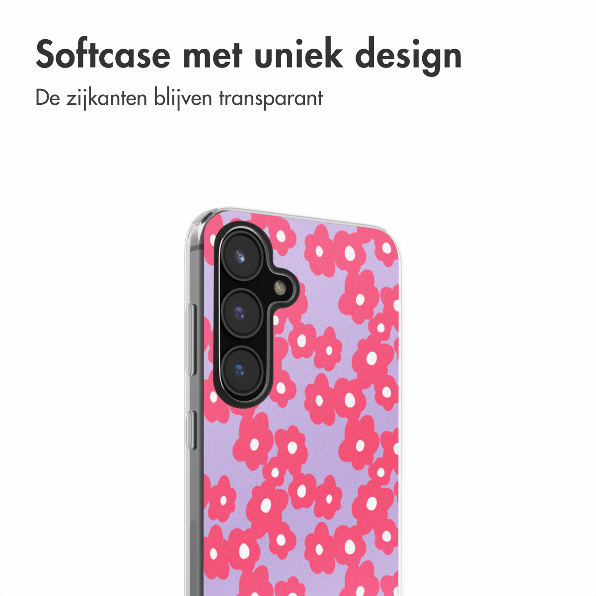 Telefoonhoesje met roze bloemen op lila achtergrond. Hoesje rechts.