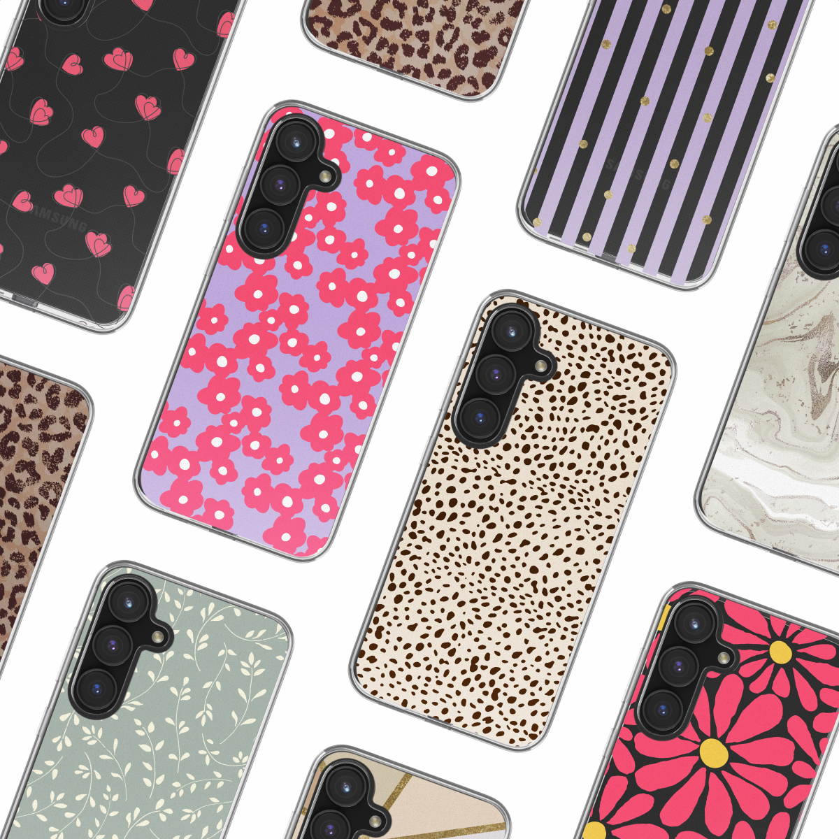 Meerdere telefoonhoesjes met verschillende patronen: bloemen, stippen, strepen en dierenprints, allemaal op een witte achtergrond.