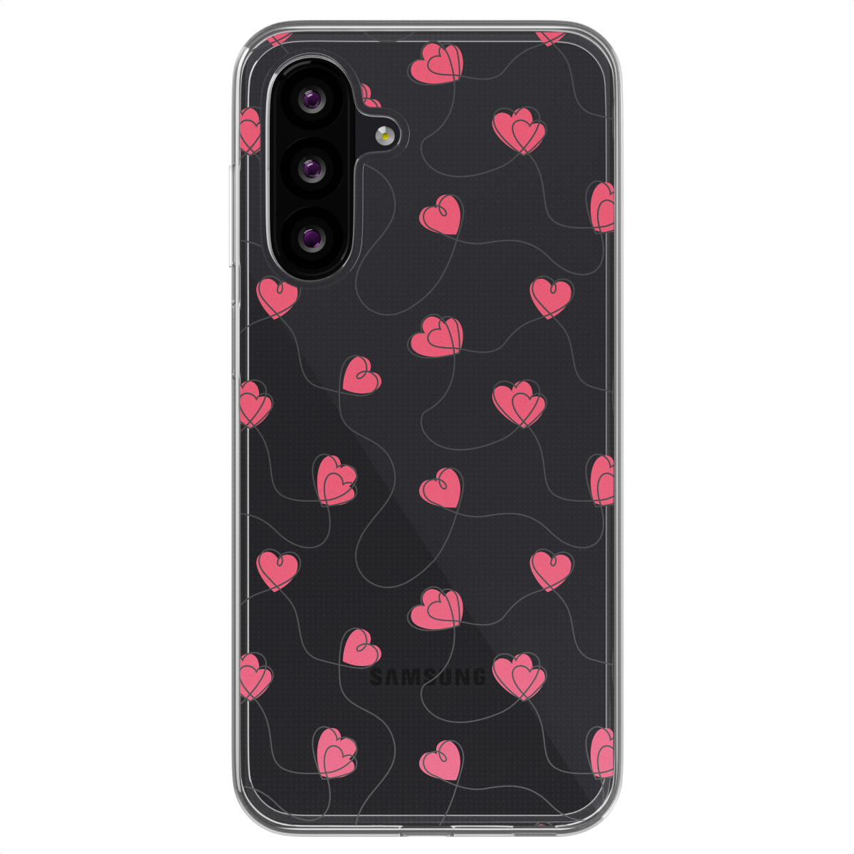 Coque de téléphone avec fond noir et motif de cœurs roses. Le logo Samsung est visible.