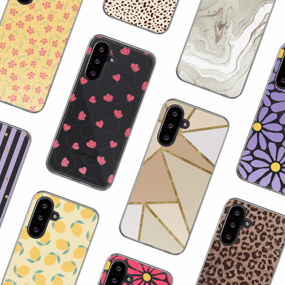 Coques de téléphone avec divers motifs : floral jaune, léopard, marbre, rayé, floral violet, citron, géométrique et cœurs.