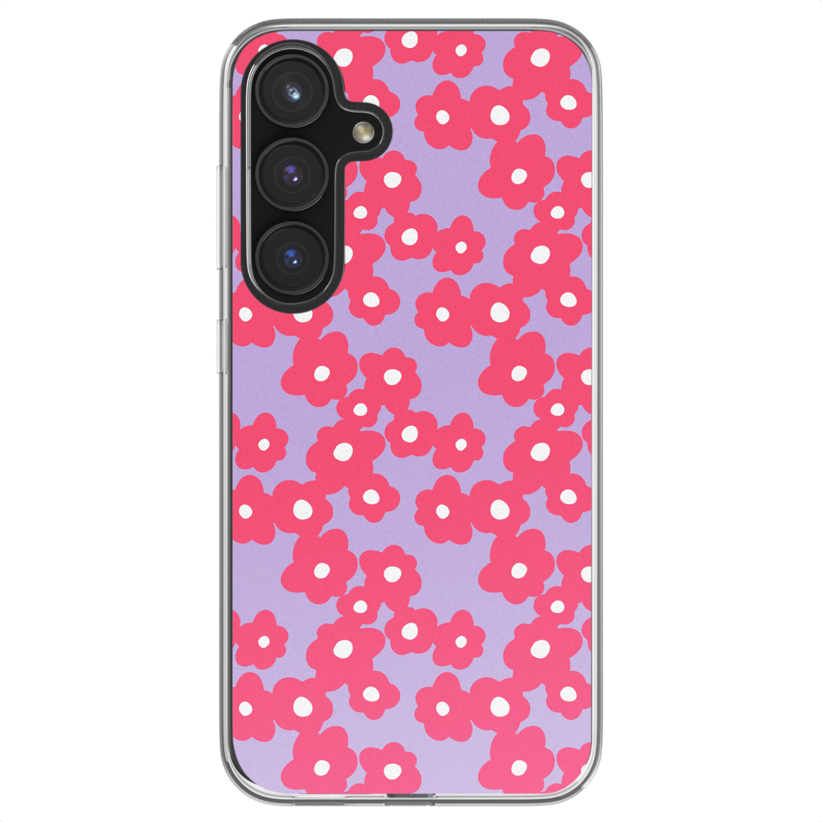 Telefoonhoesje met een paarse achtergrond en roze bloemenpatroon. De hoes is op wit.
