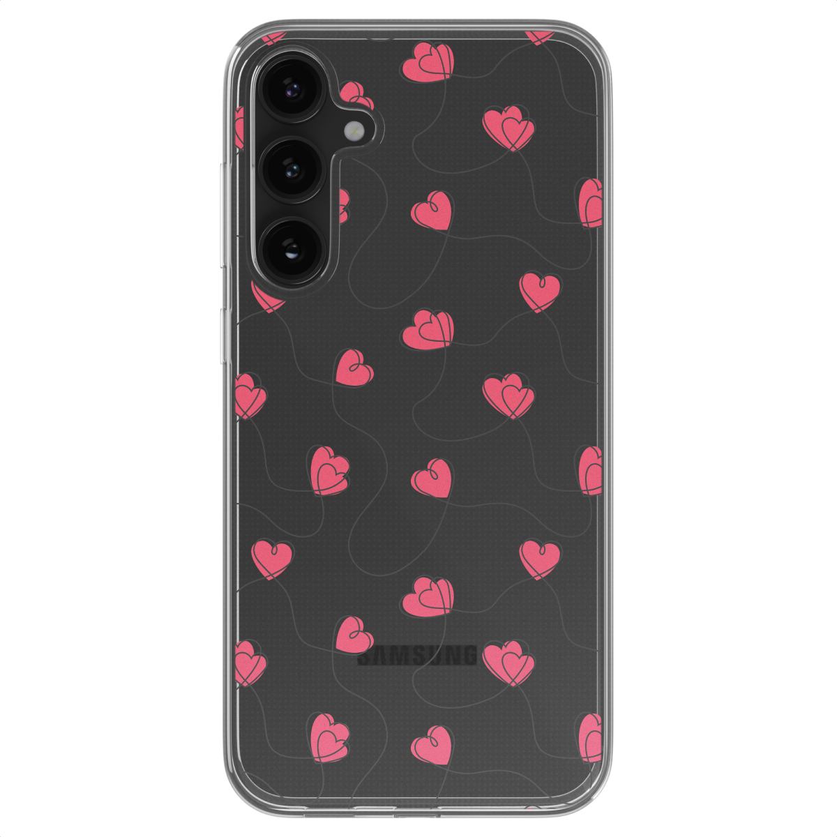 Telefoonhoesje met roze hartjes op zwarte achtergrond.