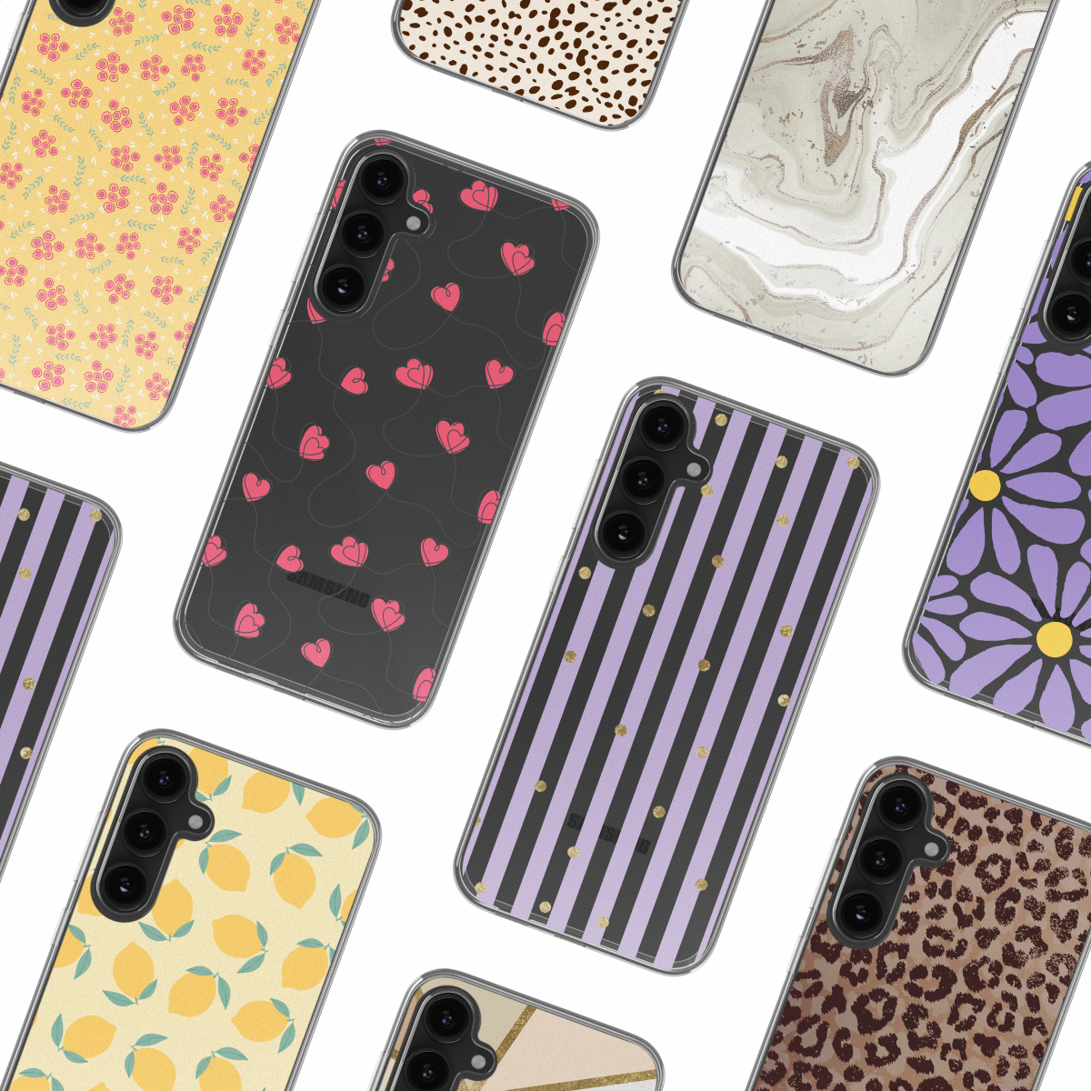 Telefoonhoesjes met diverse designs: bloemig geel, luipaard, marmer, gestreept, bloemig paars, citroen en harten.
