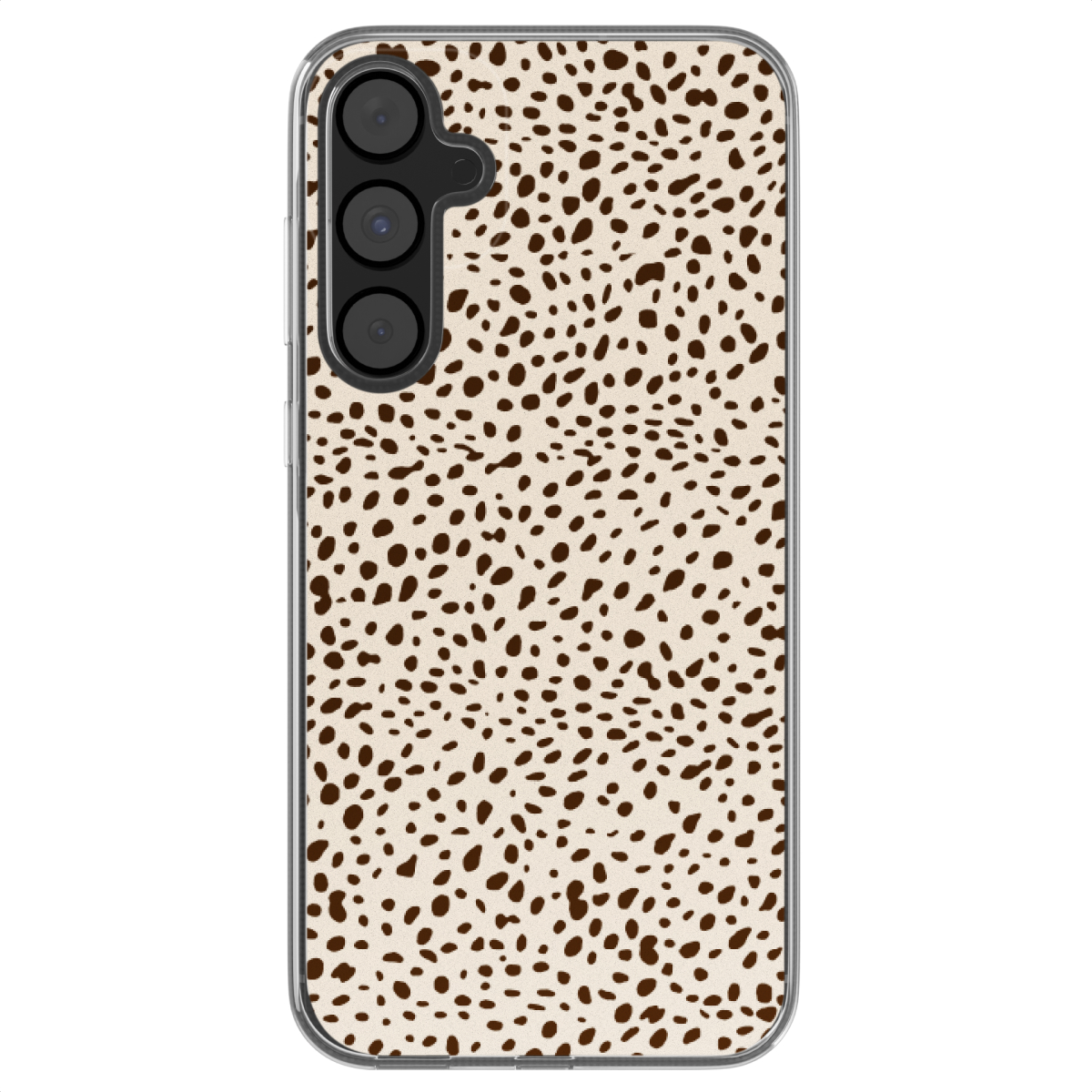 Een telefoonhoesje met een beige achtergrond en bruine vlekken, die lijken op een dalmatiërpatroon. De telefoon is zichtbaar.