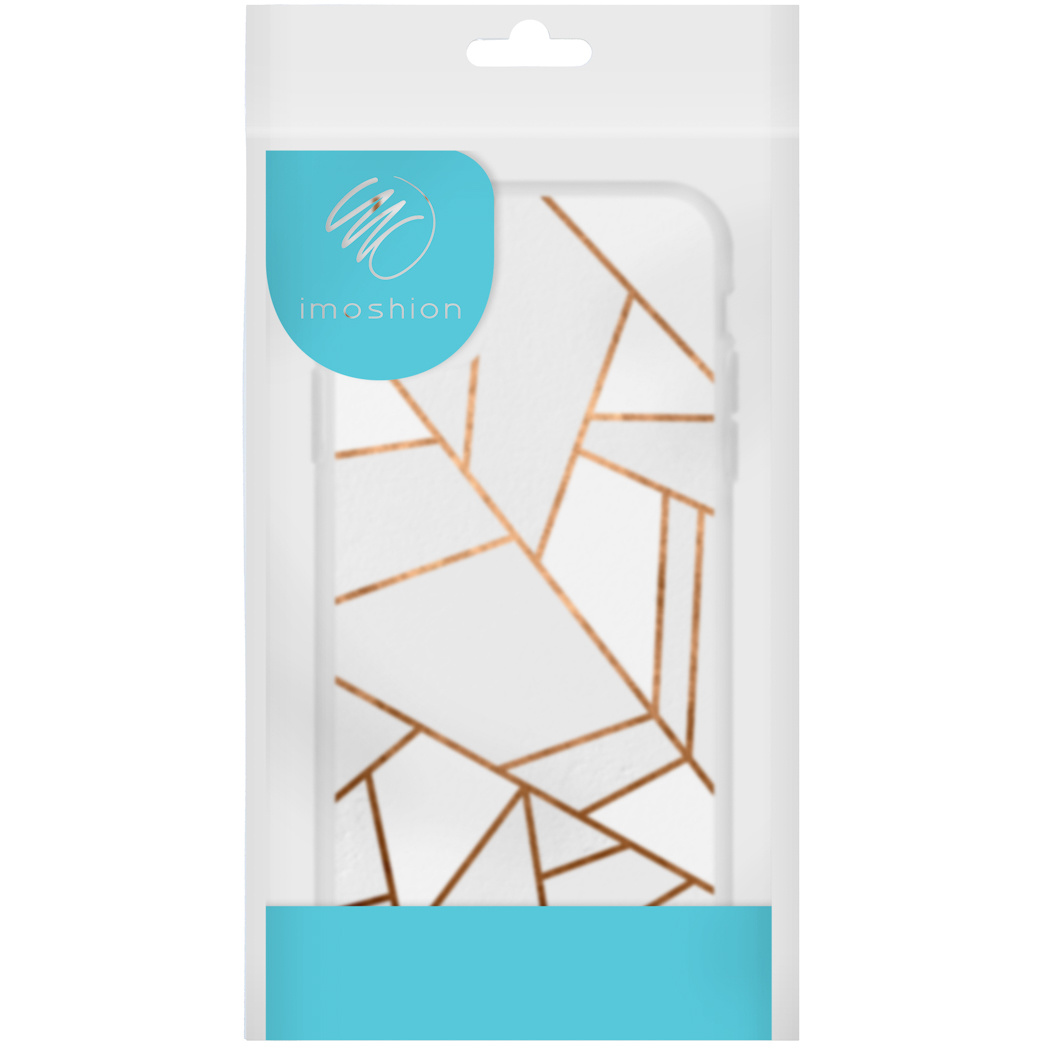 Een telefoonhoesje in een plastic verpakking. De hoes heeft een witte achtergrond met gouden geometrische lijnen.