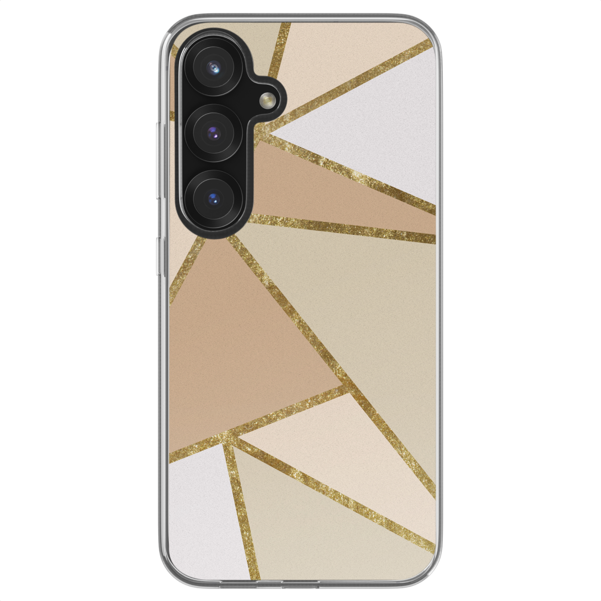 Telefoonhoesje met geometrisch patroon van beige, bruine en witte driehoeken met gouden lijnen. Camera zichtbaar.