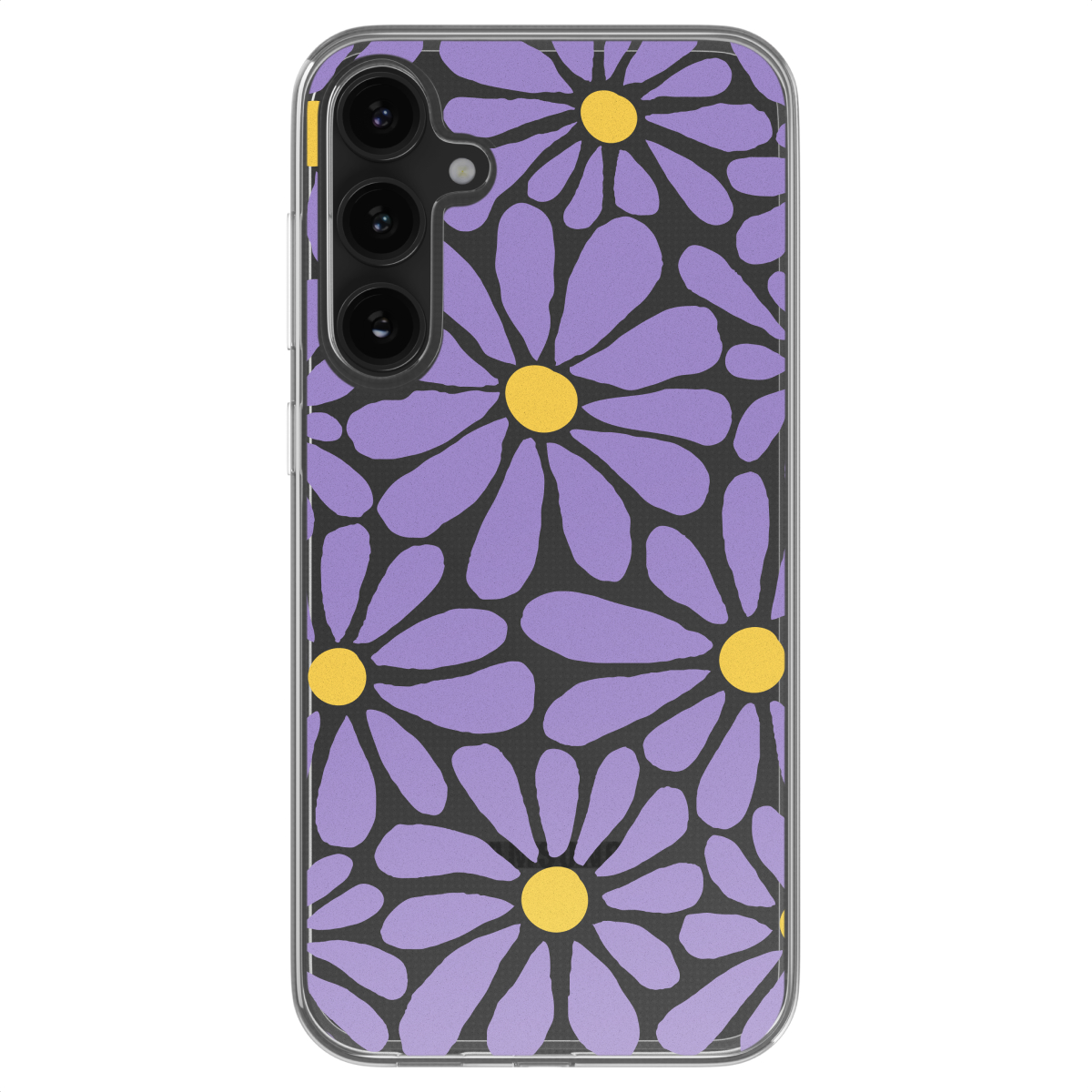 Telefoonhoesje met paars madeliefpatroon op zwarte achtergrond. Telefooncamera is zichtbaar.