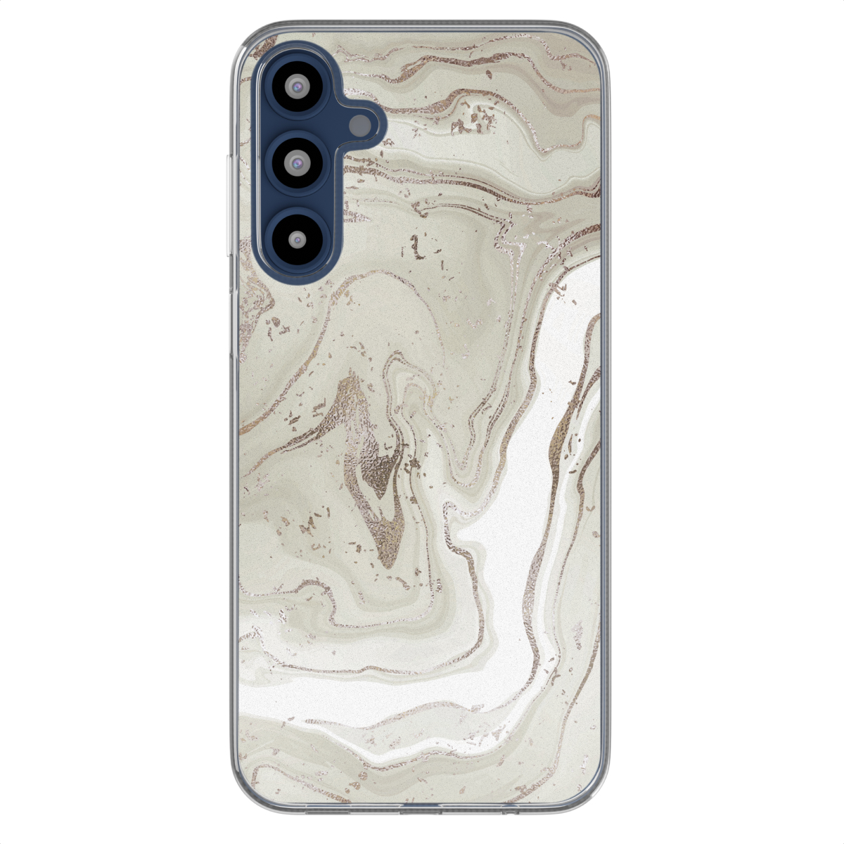 Telefoonhoesje met een marmerachtig patroon in beige, wit en goud.