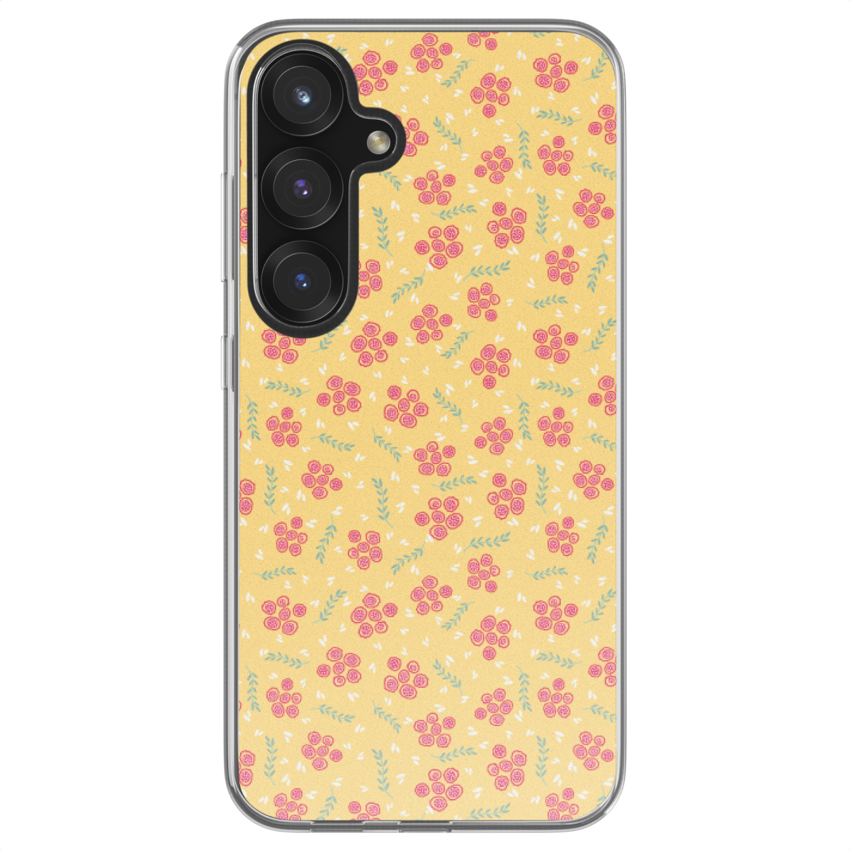 Telefoonhoesje met gele achtergrond en roze bloemenpatroon. Groene bladaccenten.