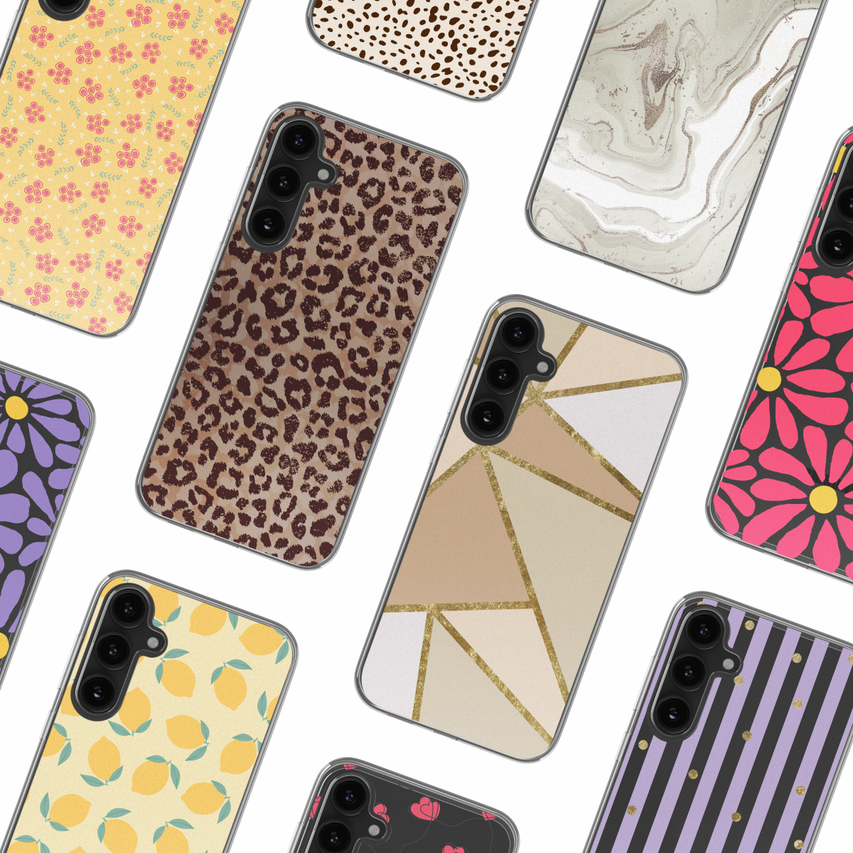 Verzameling telefoonhoesjes met verschillende patronen: bloemen, marmer, geometrisch en dierenprint.