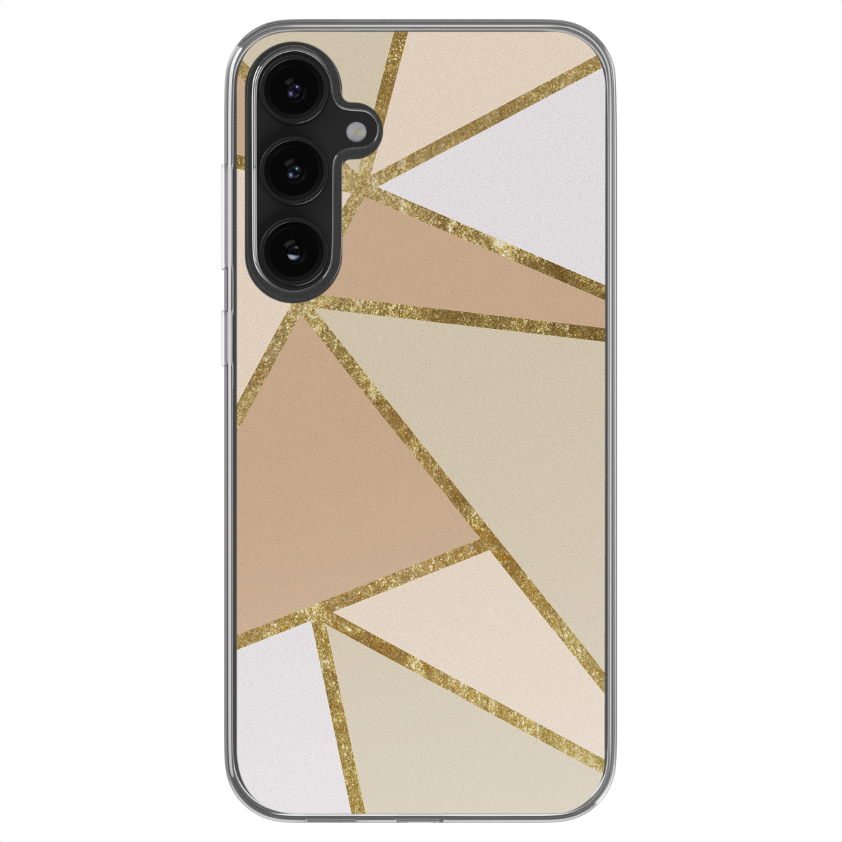 Een telefoonhoesje met een geometrisch ontwerp in beige, bruin en wit met gouden lijnen.
