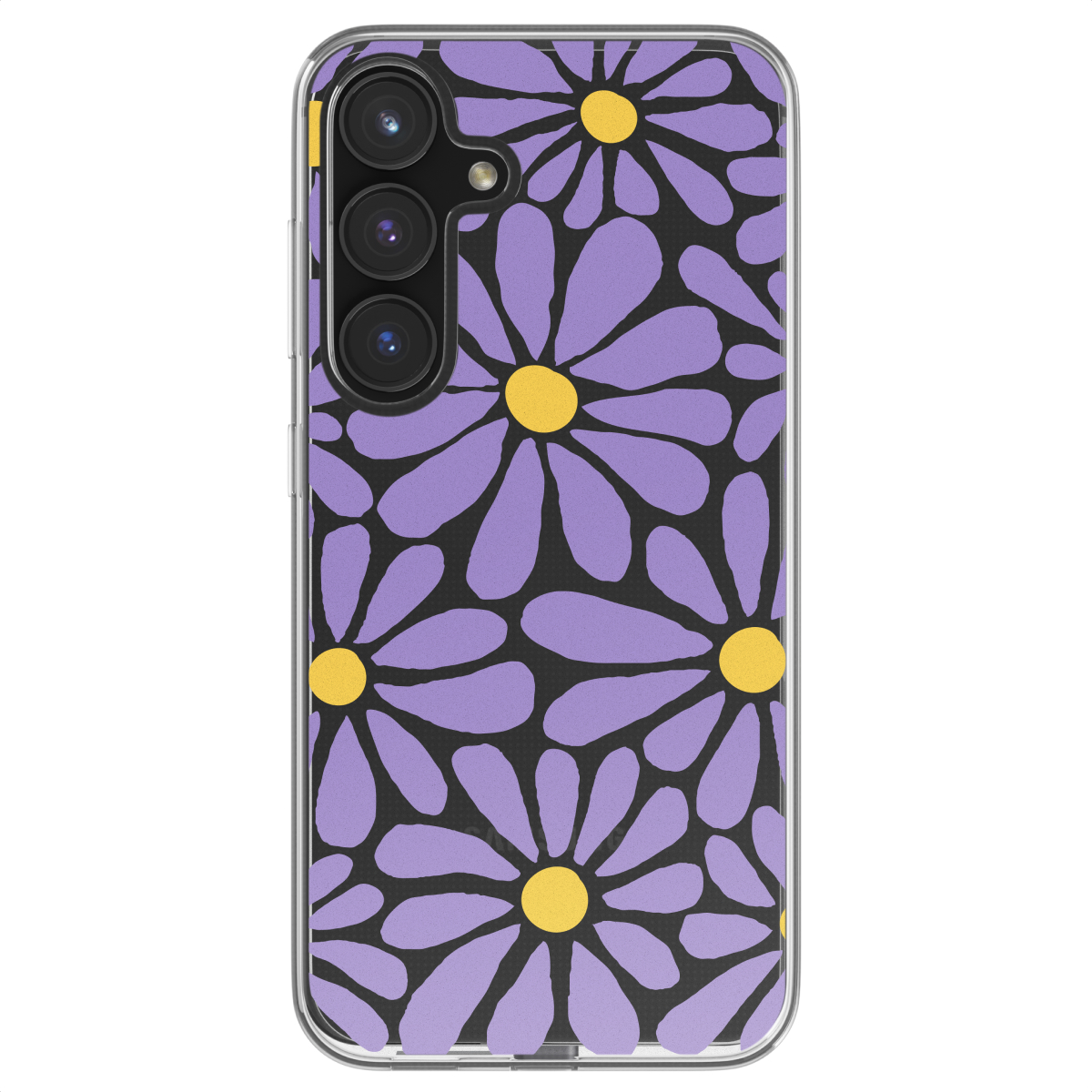 Een telefoonhoesje met een patroon van paarse madeliefjes met gele centra op een zwarte achtergrond.