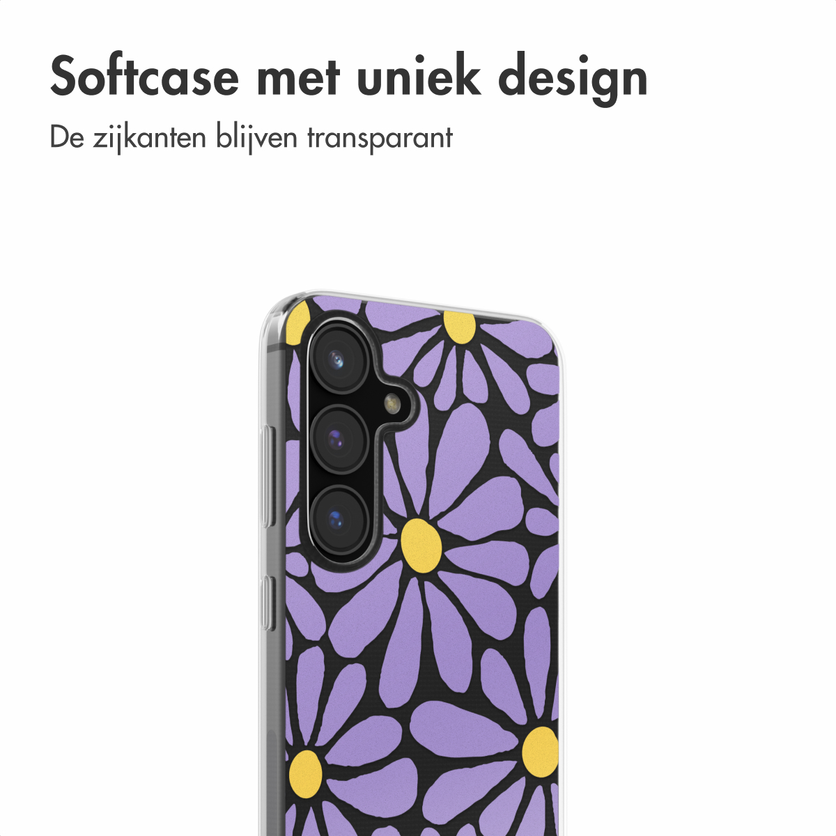 Telefoonhoesje met paarse bloemen op zwarte achtergrond. Gele centers.