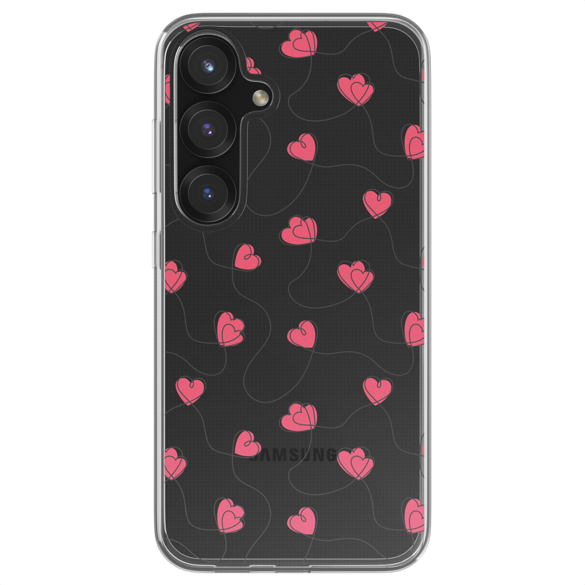 Une coque de téléphone avec des cœurs roses sur fond noir.