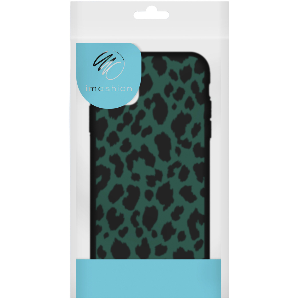 Confezione per custodia del telefono, plastica trasparente con un design a stampa leopardata verde.