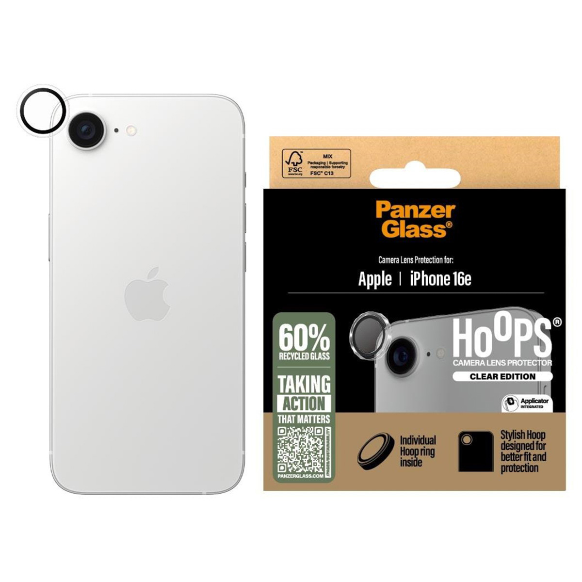 Un iPhone con protezione schermo PanzerGlass, protezione lente fotocamera e confezione.