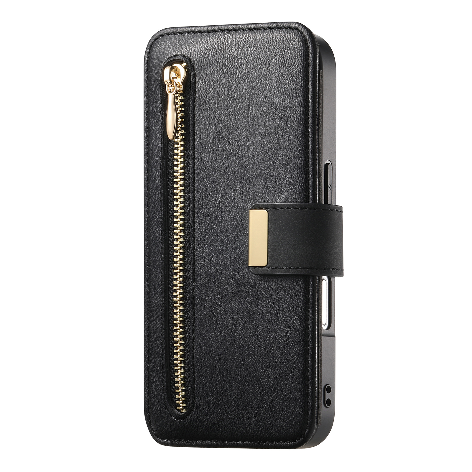 Custodia a portafoglio per iPhone in pelle nera con cerniera dorata, chiusura dorata e supporto.
