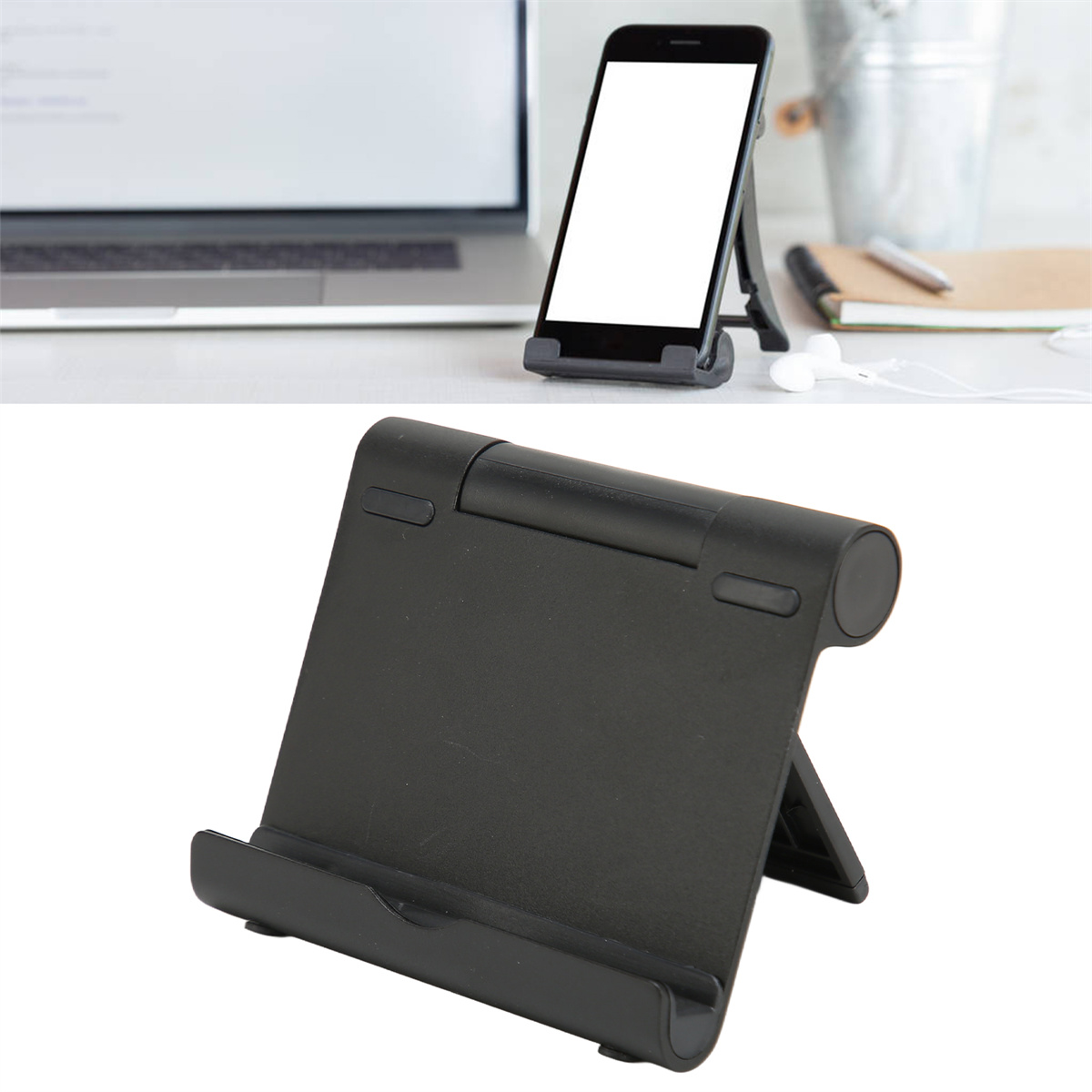 Ein schwarzer Tablet-Ständer, der ein Telefon mit weißem Bildschirm hält. Ein Laptop ist dahinter.