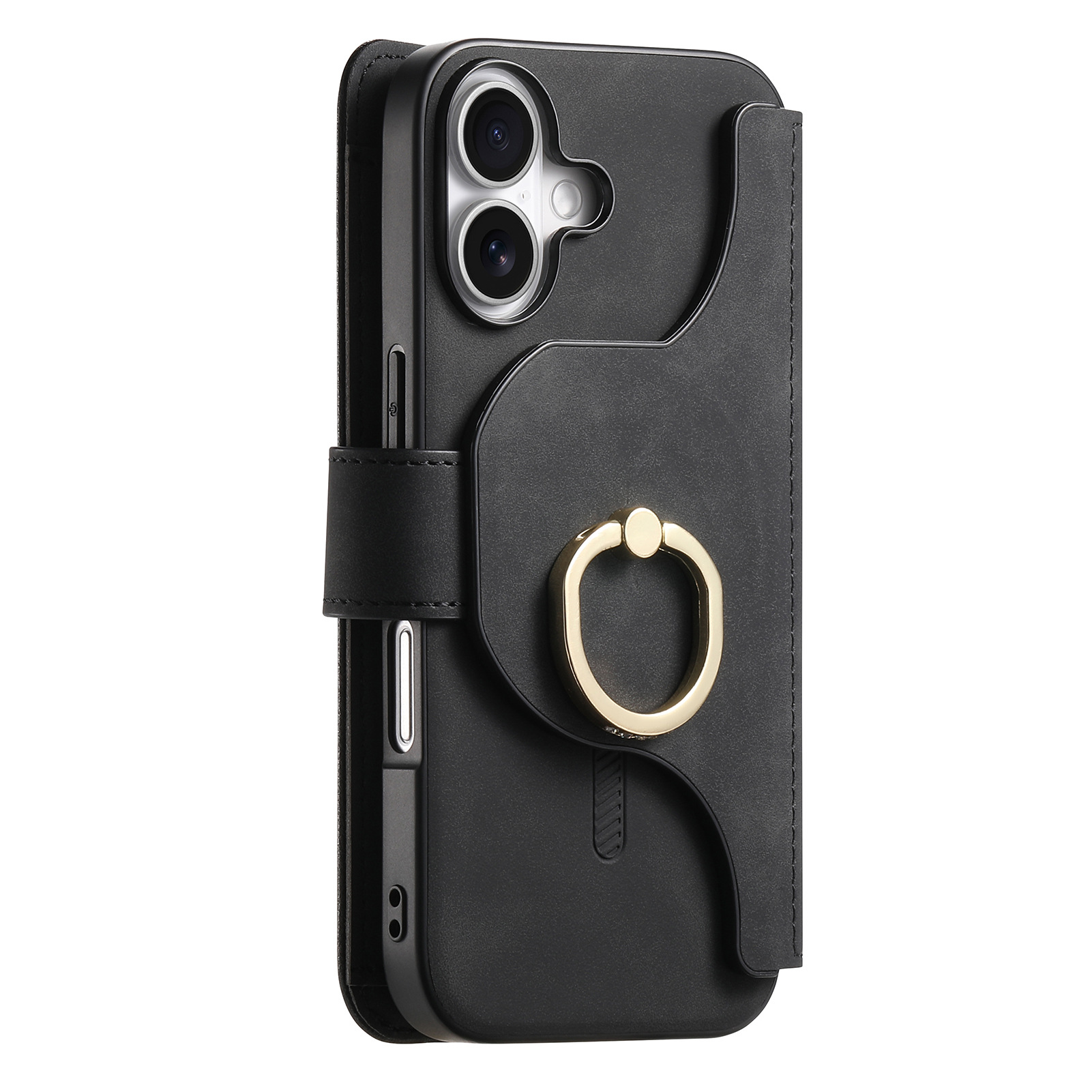 Una custodia per telefono nera con porta carte e supporto ad anello dorato sul retro.