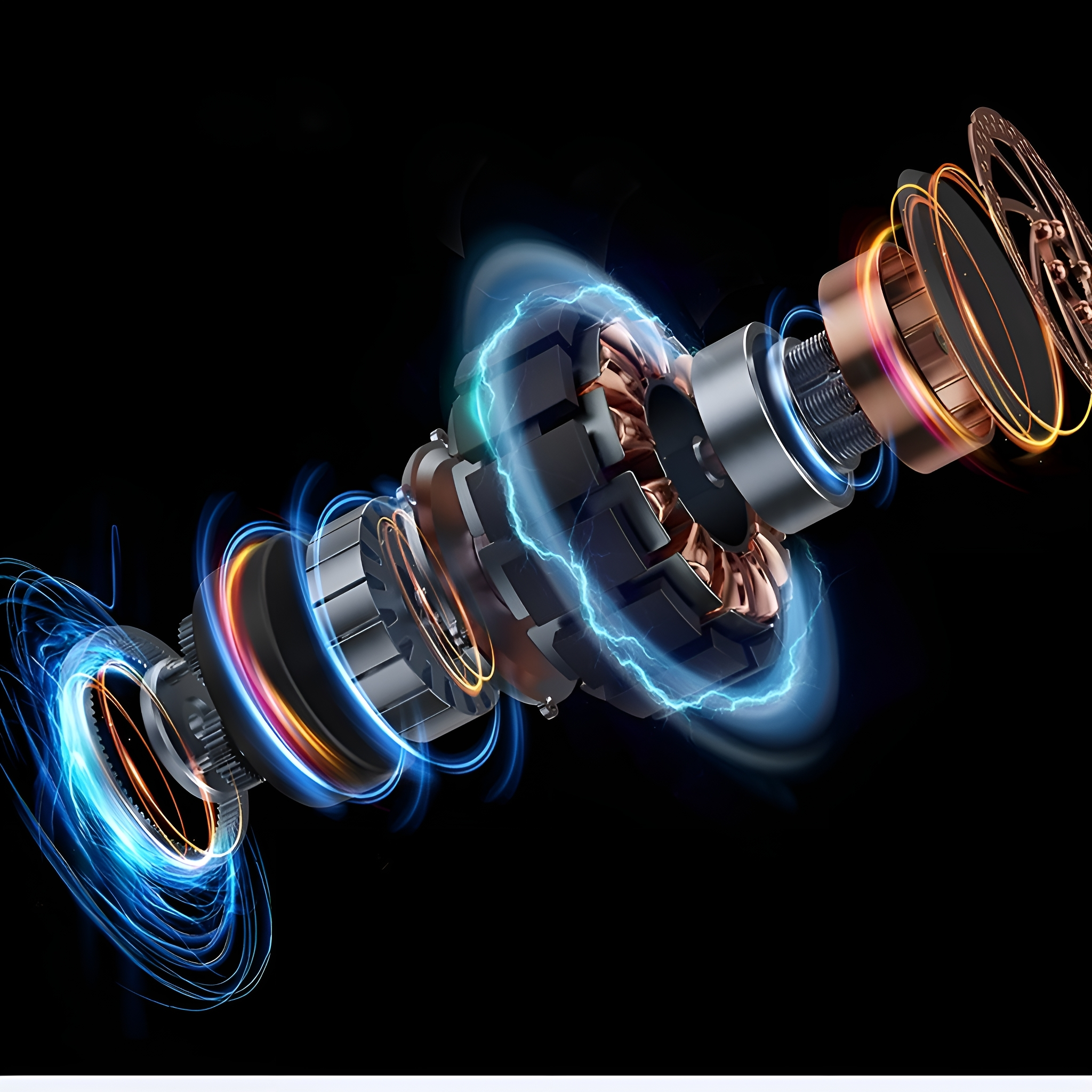 Nahaufnahme der inneren Funktionsweise eines mechanischen Geräts mit blauen und goldenen Lichteffekten.