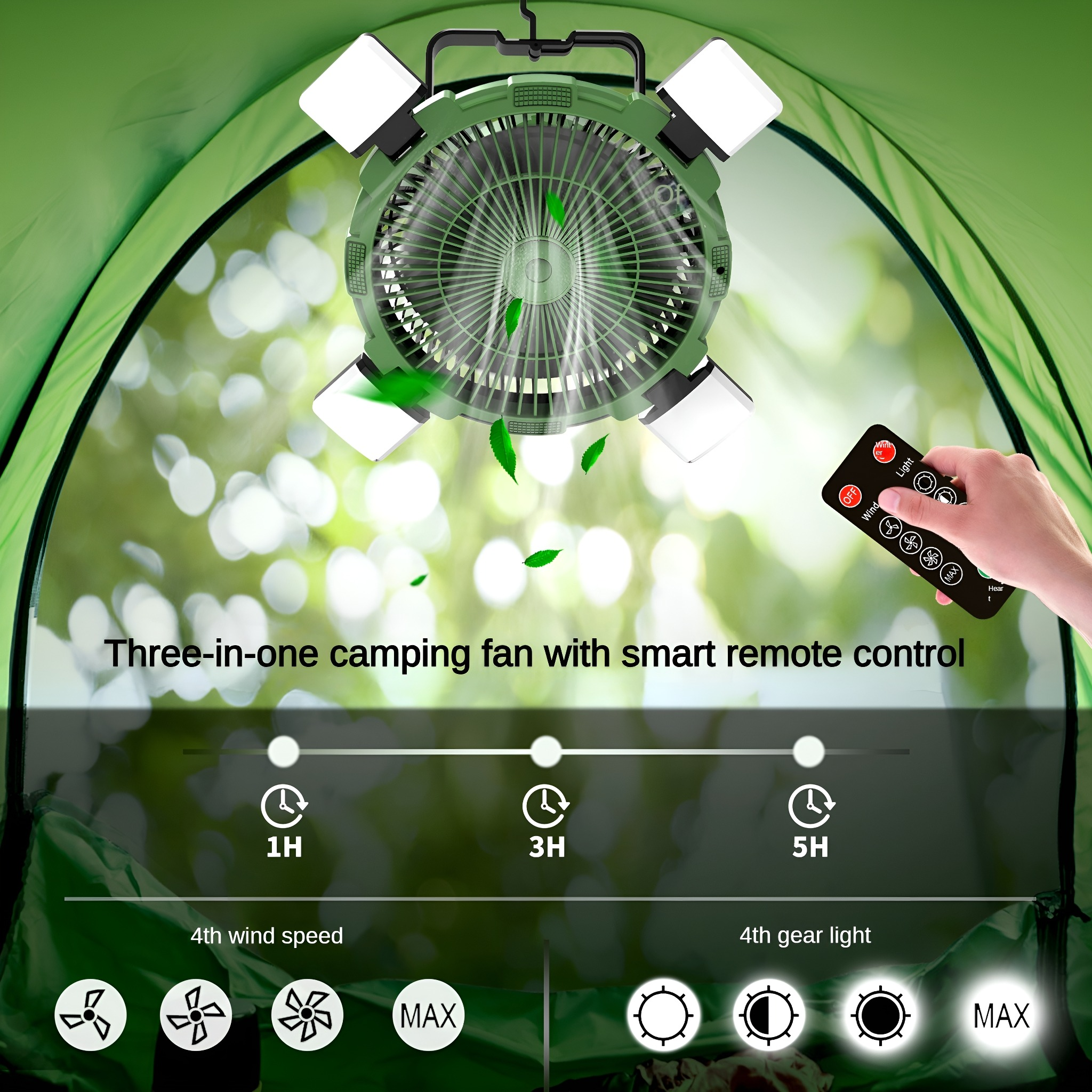 Grüner Campingventilator mit Lichtern. Im Hintergrund eine Hand, die eine Fernbedienung hält.