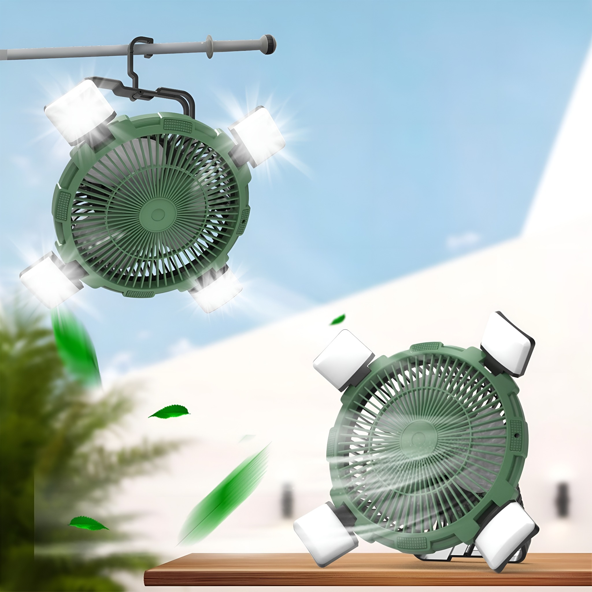 Zwei grüne Ventilatoren mit Lichtern, hängend und auf einer Oberfläche. Flügel sichtbar, mit hellen Lichtern.