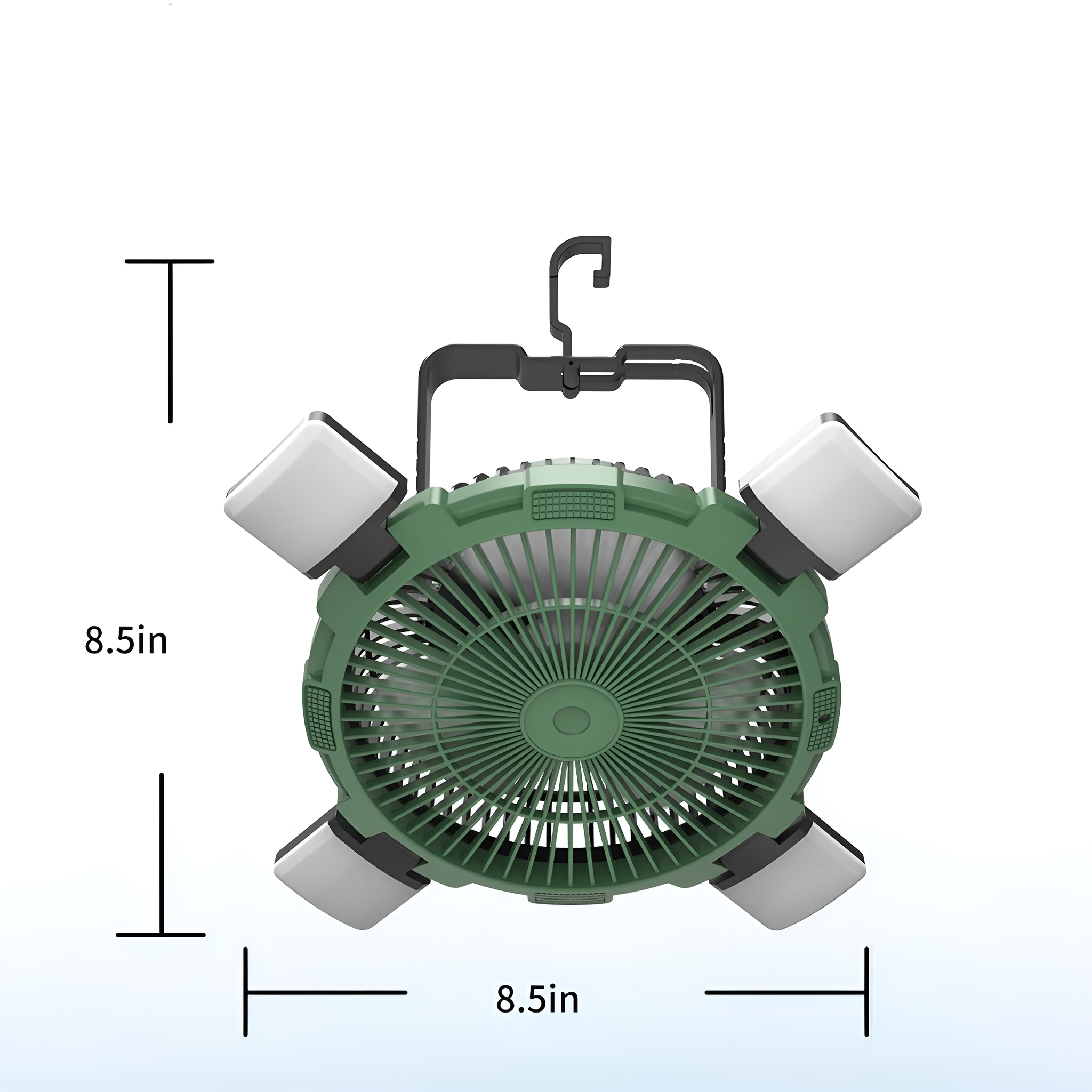 Grüner Ventilator mit Lichtern auf weißem Hintergrund. Die Abmessungen sind mit Pfeilen angegeben.