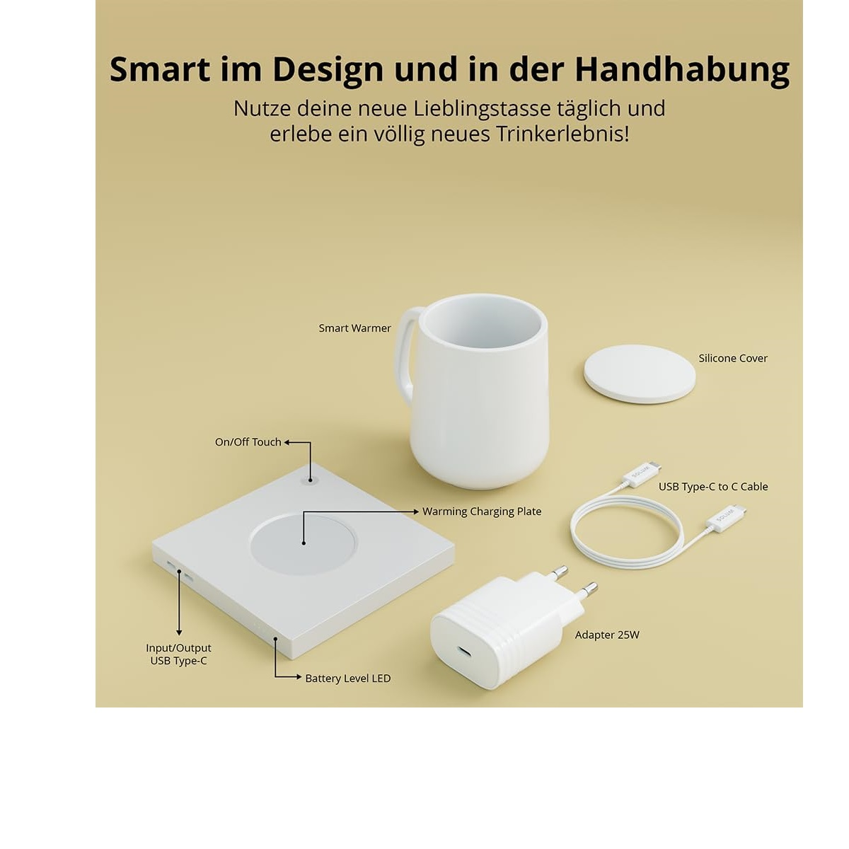 Eine Explosionsansicht des Bechers, der Basis, des Ladekabels und des Adapters.