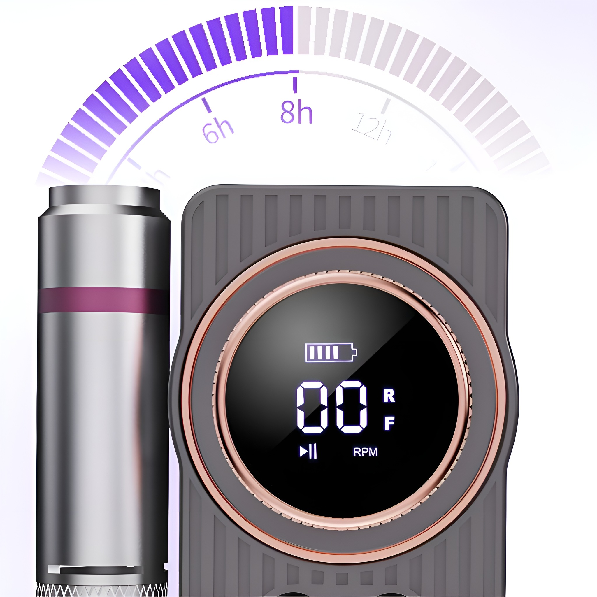 Gerät mit einem Bildschirm. Es hat einen Ladeanschluss, eine Batteriestandsanzeige und einen Timer.