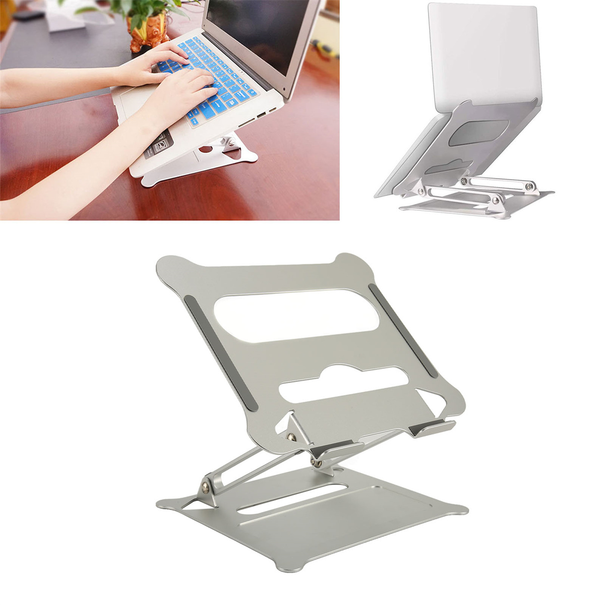 Laptop auf silbernem Ständer, Hände tippen auf Tastatur.