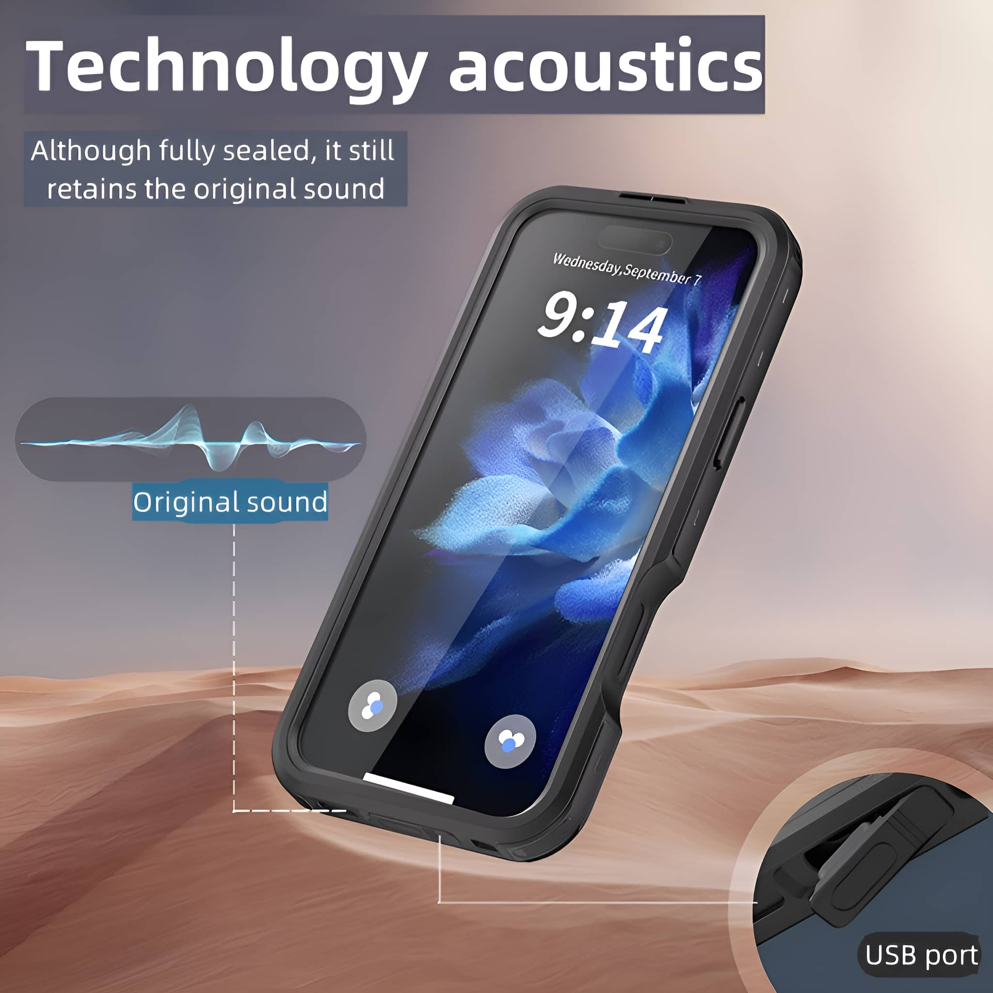 Smartphone mit Hülle, zeigt die Uhrzeit an. Die Hülle hat einen USB-Anschluss.