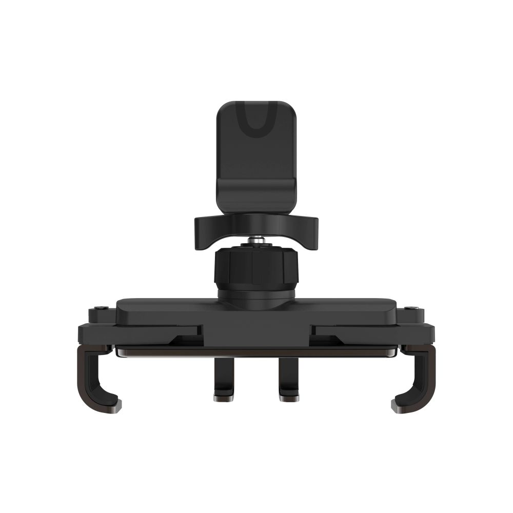 Schwarze Handyhalterung für das Auto. Die Halterung hat einen verstellbaren Arm.