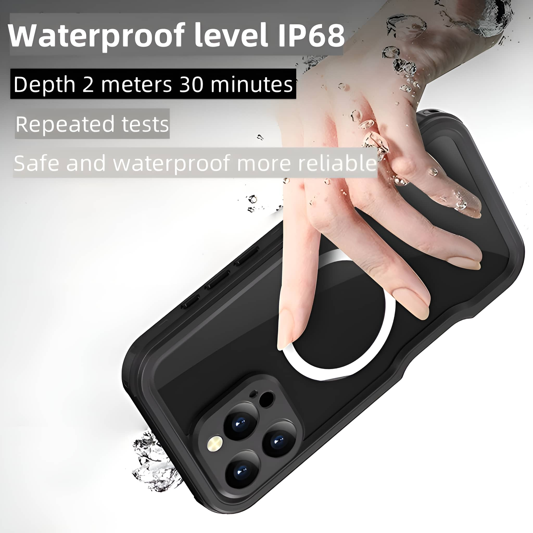 Telefon in wasserdichter Hülle. Text: Wasserdichtigkeit IP68, Tiefe 2 Meter 30 Minuten.