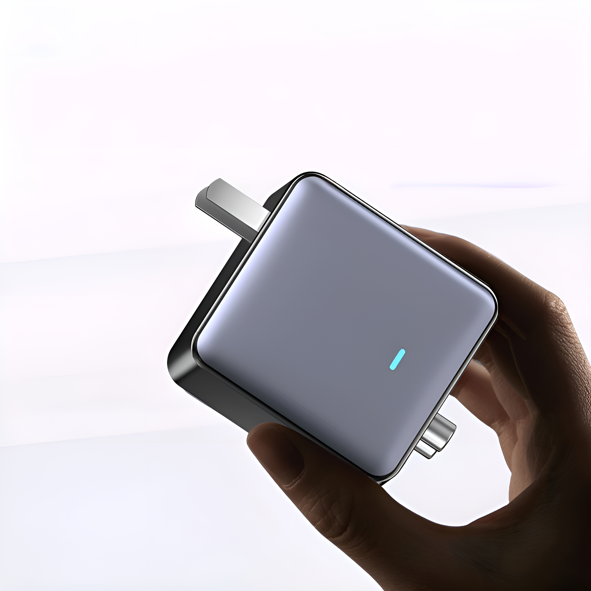 Eine Hand, die einen silbernen und grauen Netzadapter hält. Es ist quadratisch mit blauem Licht.
