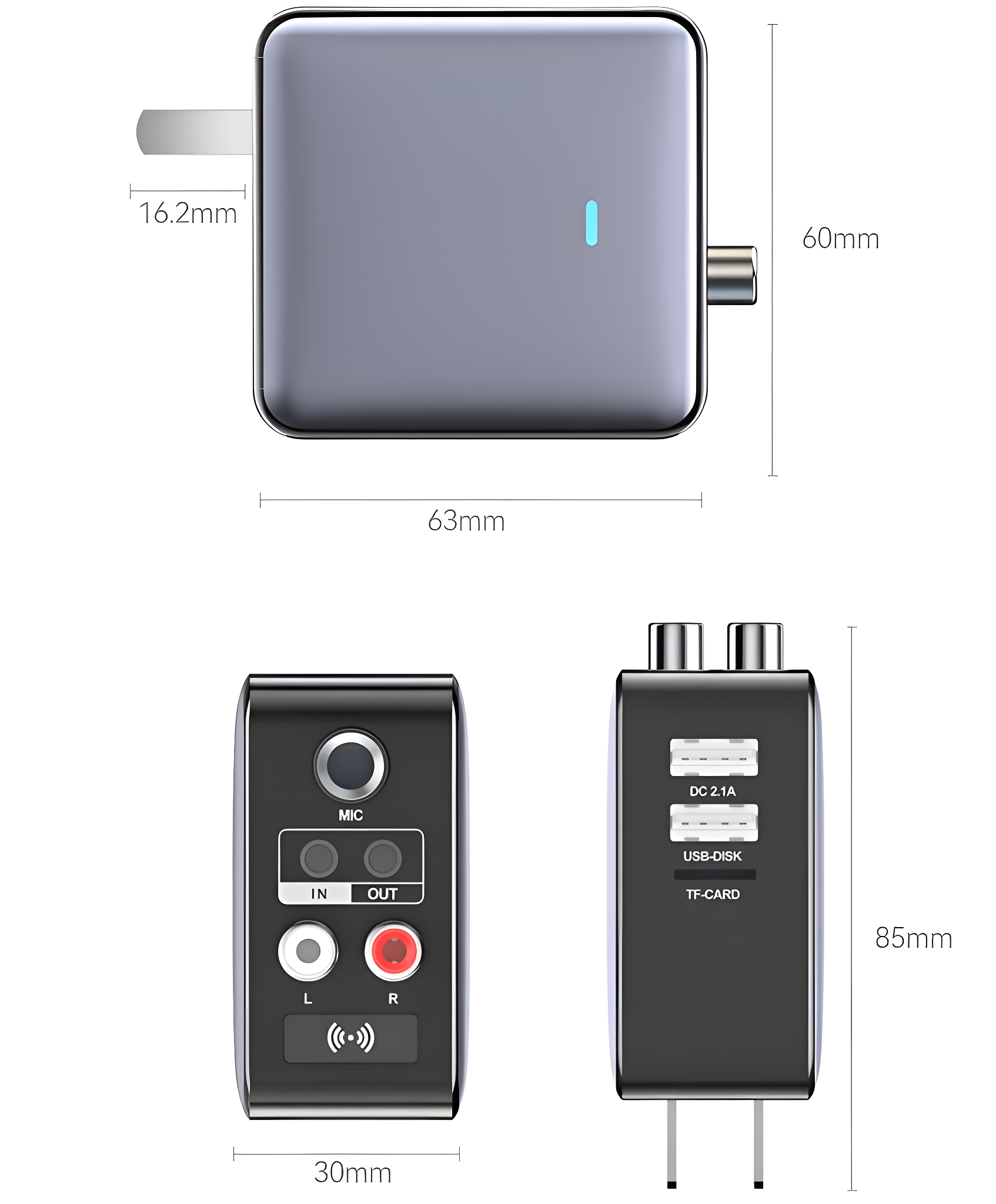 Schwarzer Audioadapter mit Maßangaben. Enthält IN-, OUT-Anschlüsse und USB-Anschlüsse.