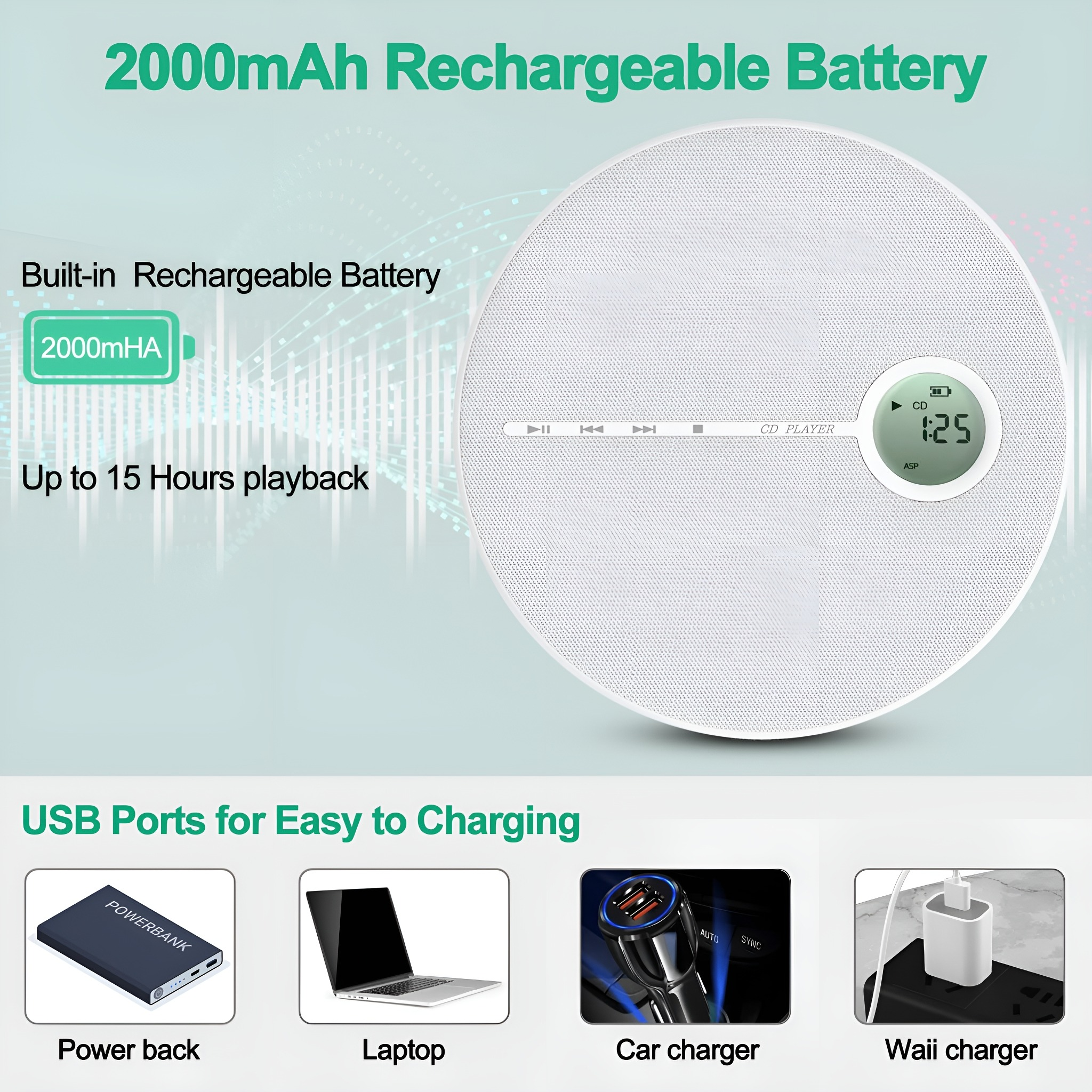 Weißer CD-Player mit Bildschirm und Grafiken von USB-Anschlüssen, Powerbank, Laptop und Autoladegerät.