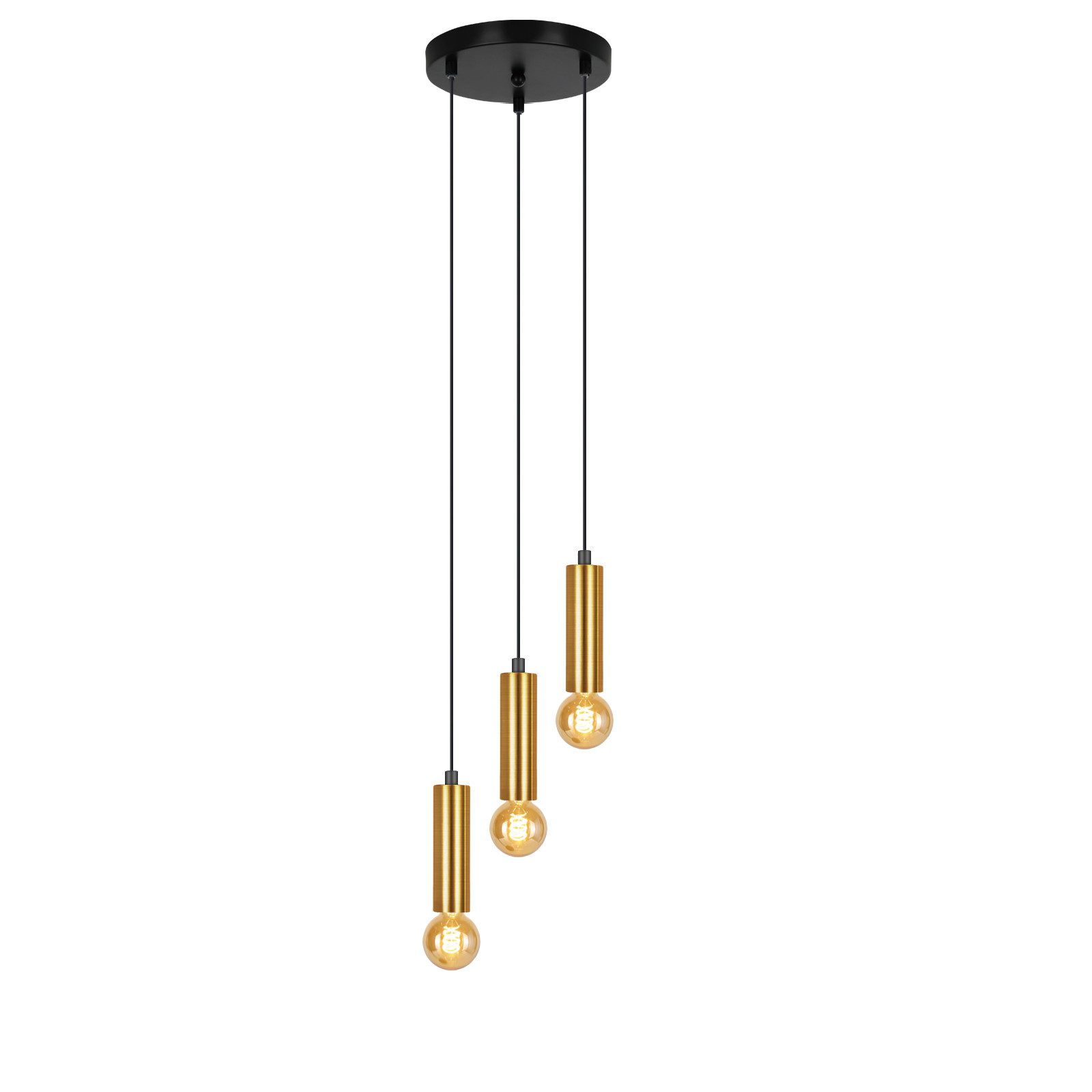 Tre lampade a sospensione con cilindri dorati e lampadine. Montaggio a soffitto nero. Sfondo bianco.