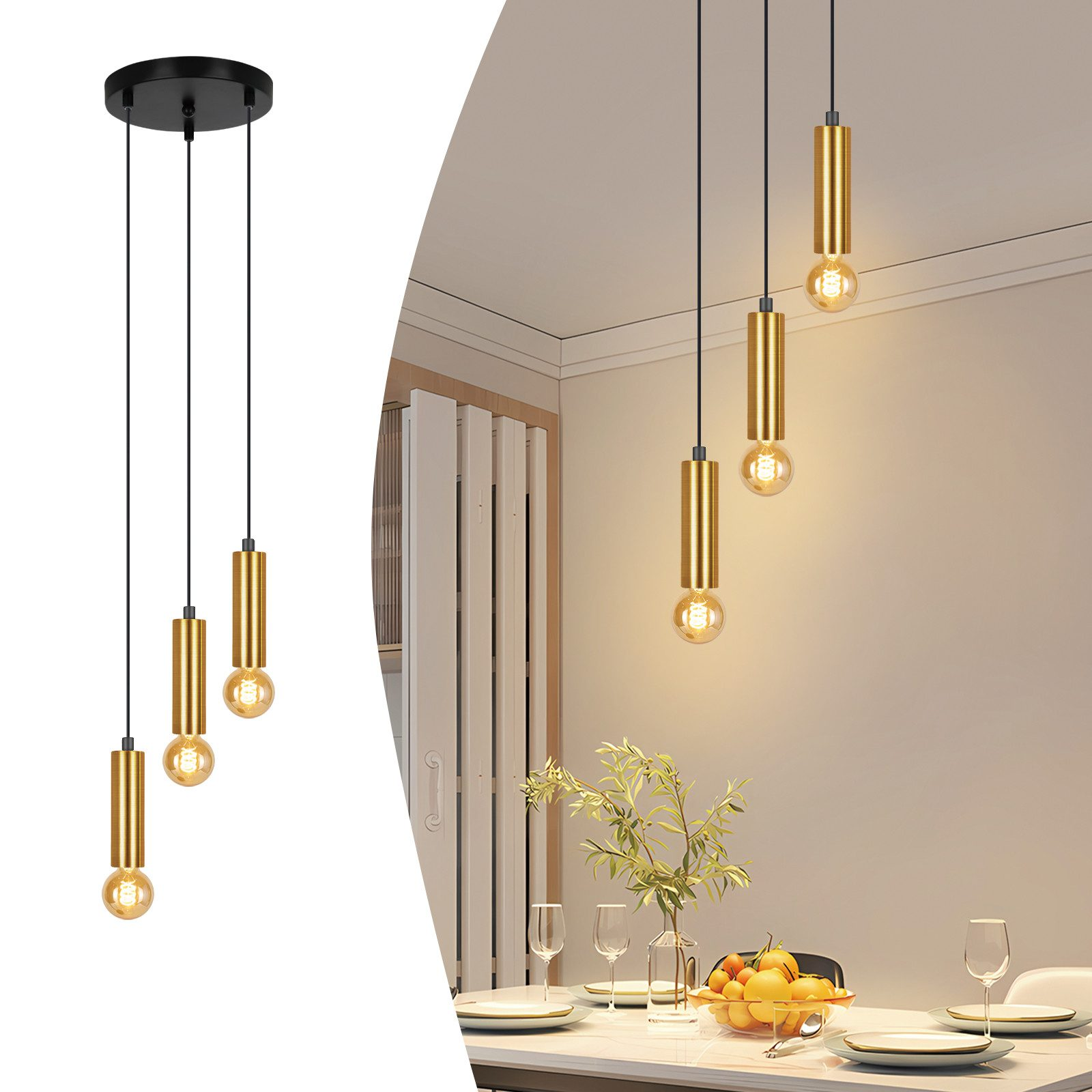 Tre lampade a sospensione dorate appese a un apparecchio a soffitto nero.
