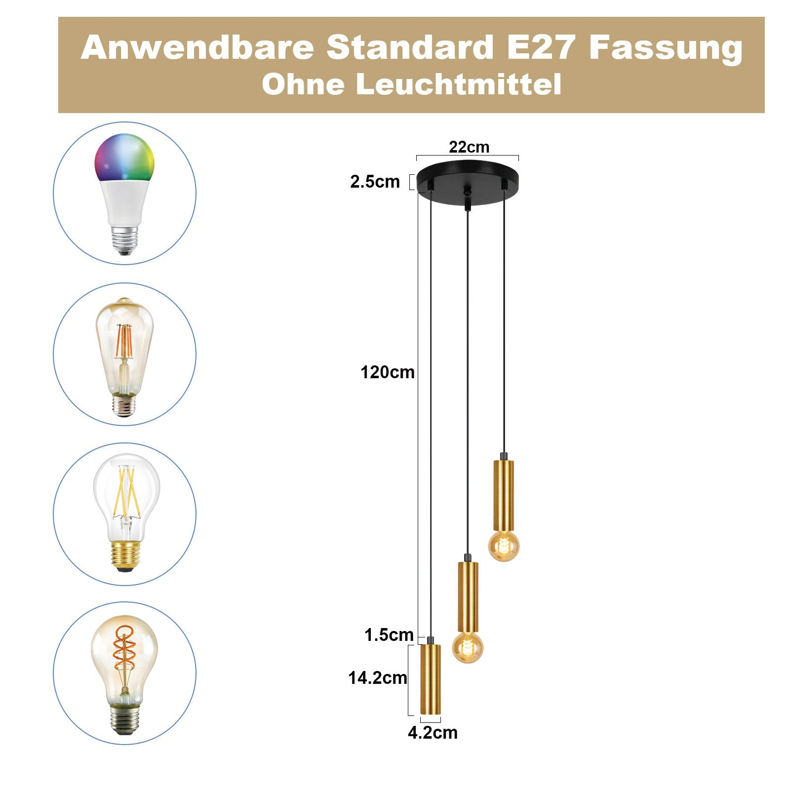 Un diagramma che mostra una lampada a sospensione con tre lampadine, con misure e tipi.