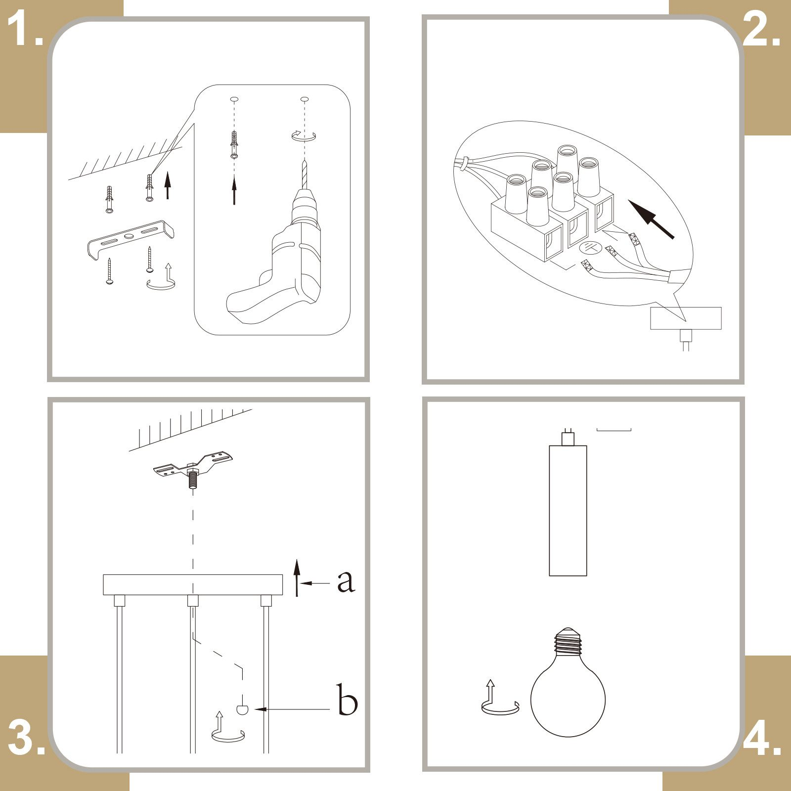 Diagramma di installazione di una lampada da soffitto. Include trapano, viti e collegamenti.