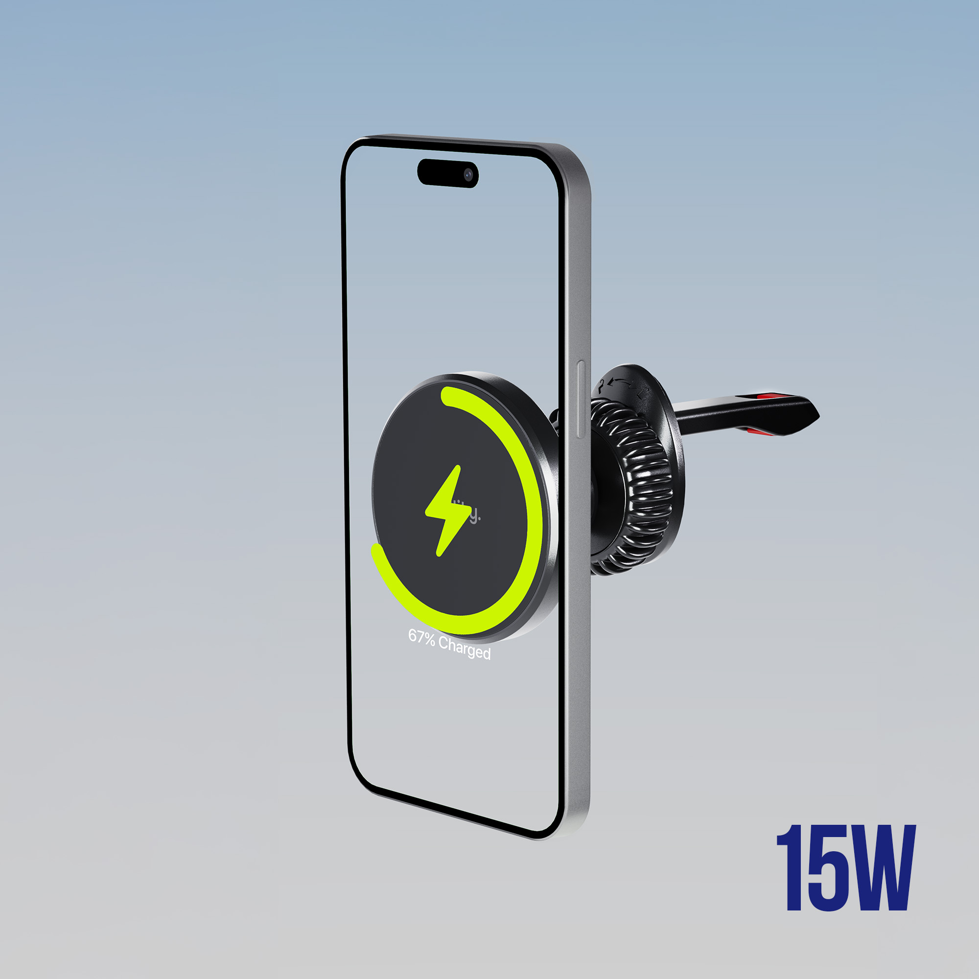 Telefon ładujący się bezprzewodowo z zieloną ikoną błyskawicy, pokazuje 67% naładowania, tekst '15W'.