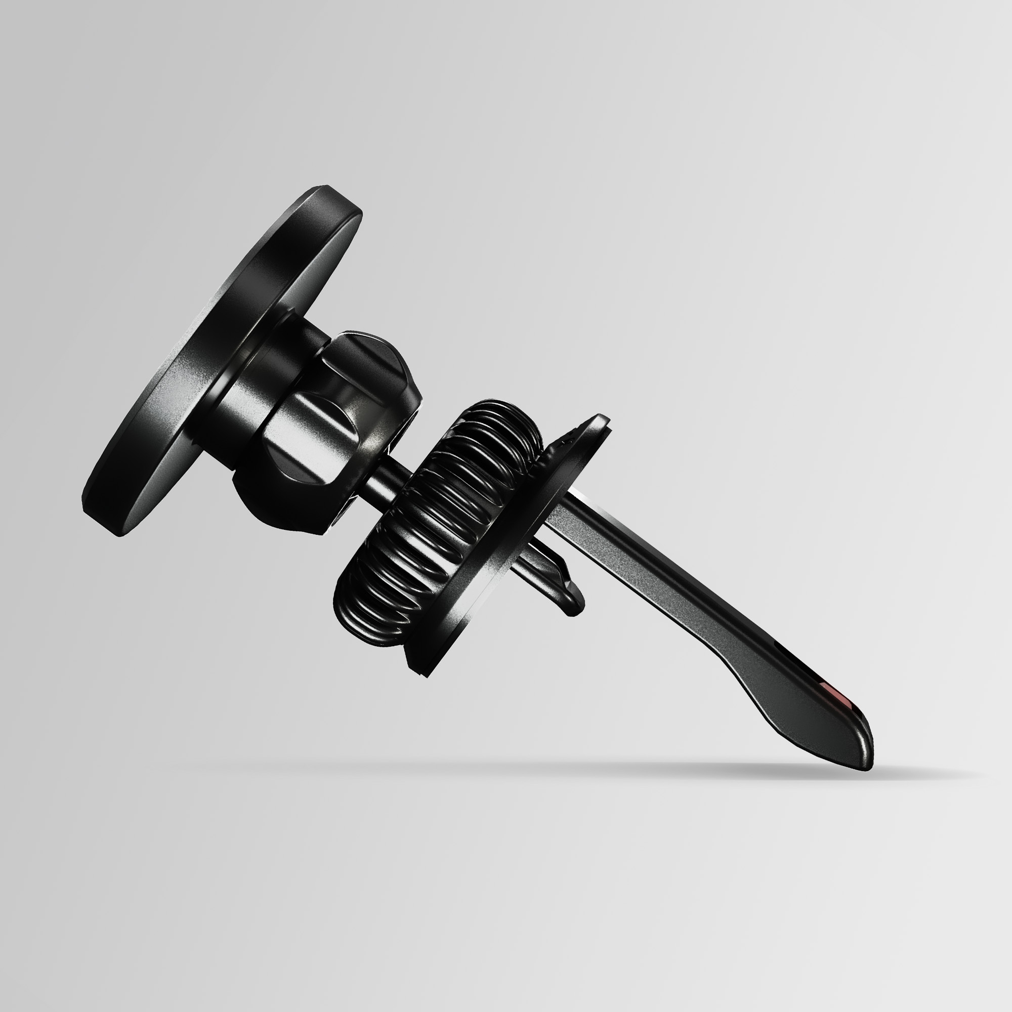 Czarny uchwyt samochodowy na telefon ze sprężyną i magnetyczną powierzchnią.