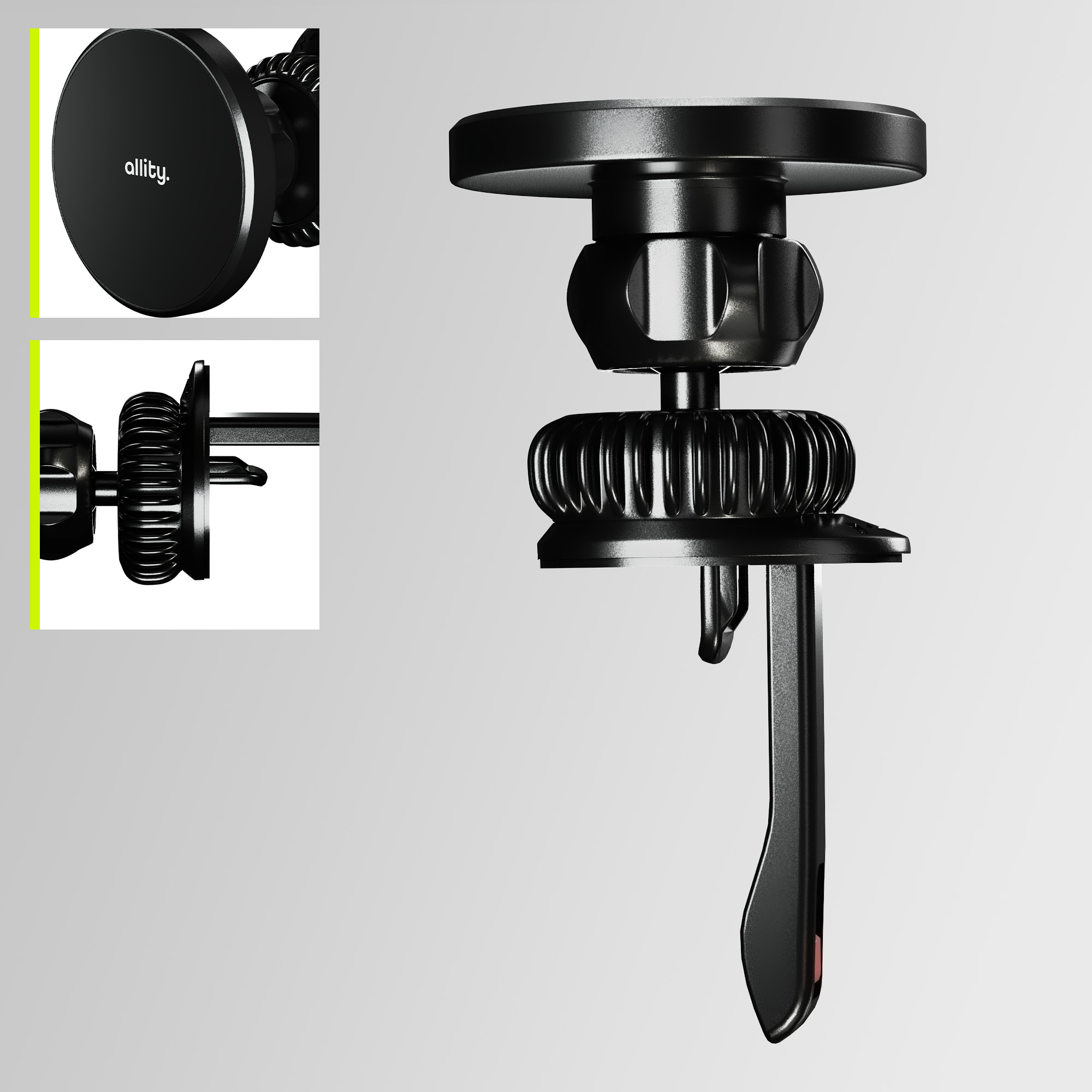 Czarny uchwyt samochodowy na telefon do kratki wentylacyjnej, z okrągłą magnetyczną głowicą i klipsem. Szczegóły.