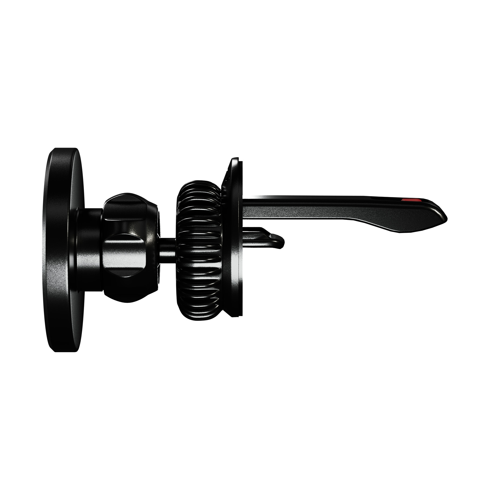 Czarny uchwyt na telefon do kratki wentylacyjnej samochodu, na białym tle.