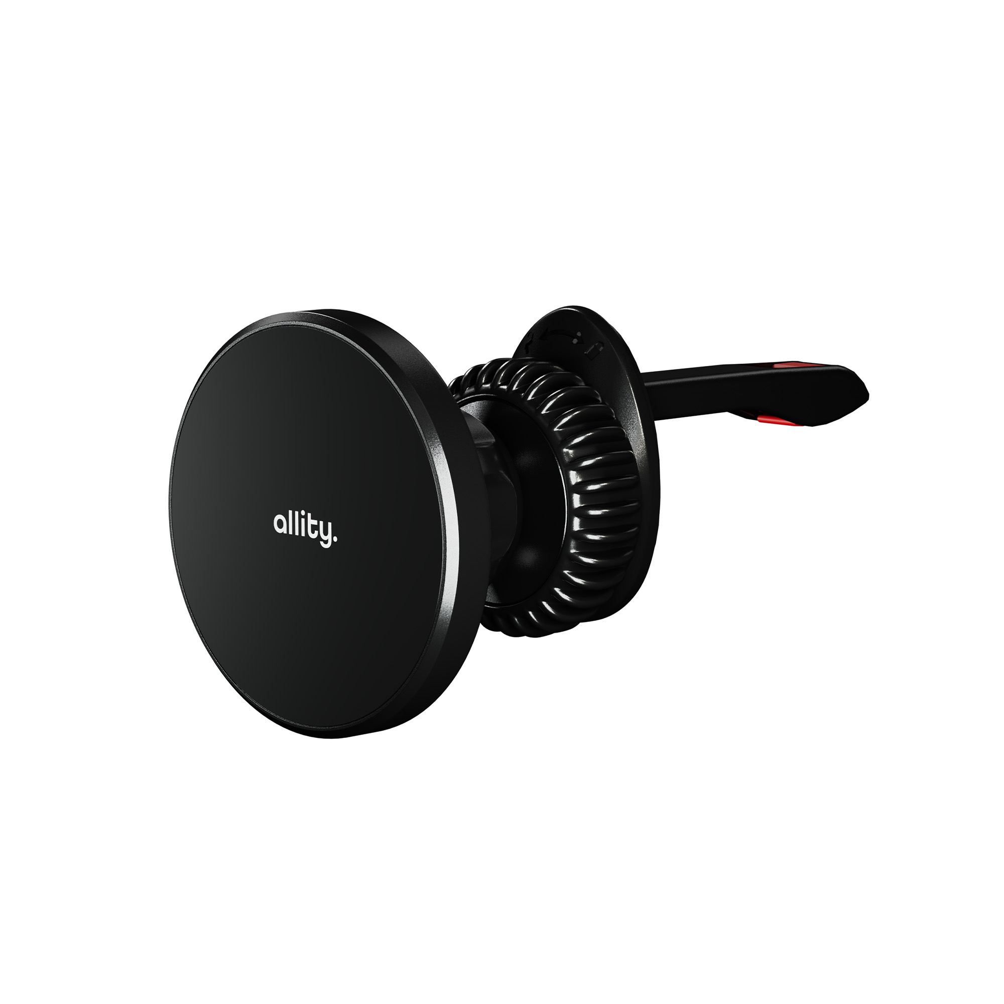 Czarny uchwyt samochodowy na telefon. Ma magnetyczną podstawę i klips do wentylacji do mocowania.